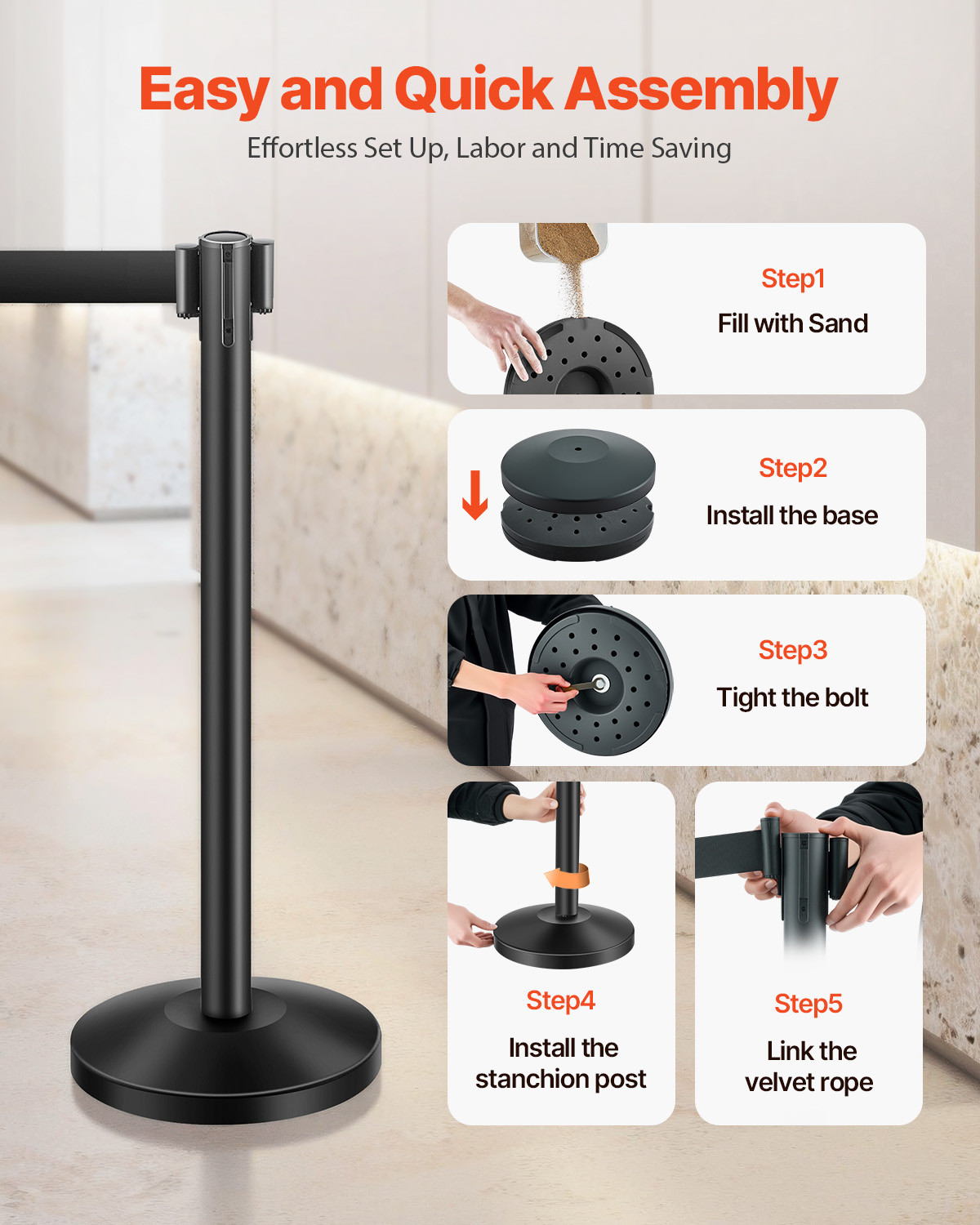 8 Pcs Stanchion Post with 4 Retractable Belts & 2 Sign Holders Hollow Base