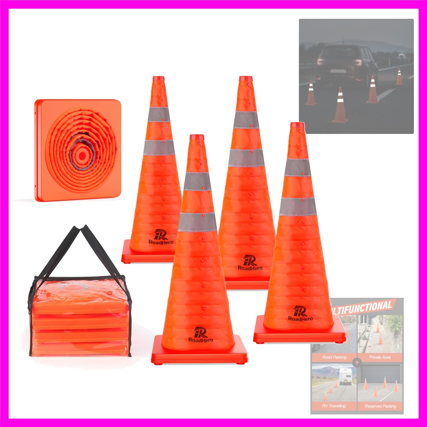 28 Inch 4 Pack Collapsible Traffic Cones, Multi Purpose Pop-up Cones with Ref…
