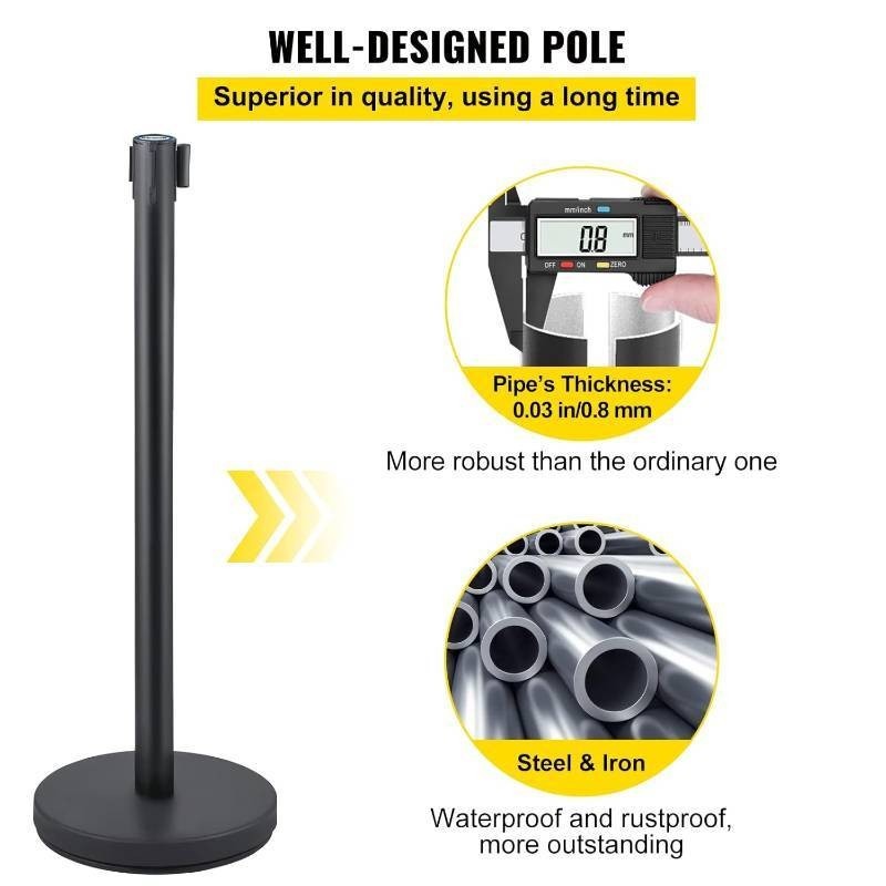 VEVOR Crowd Control Stanchion Set 6‑Pack – 6.6 ft Black Retractable Belt, 35.4″