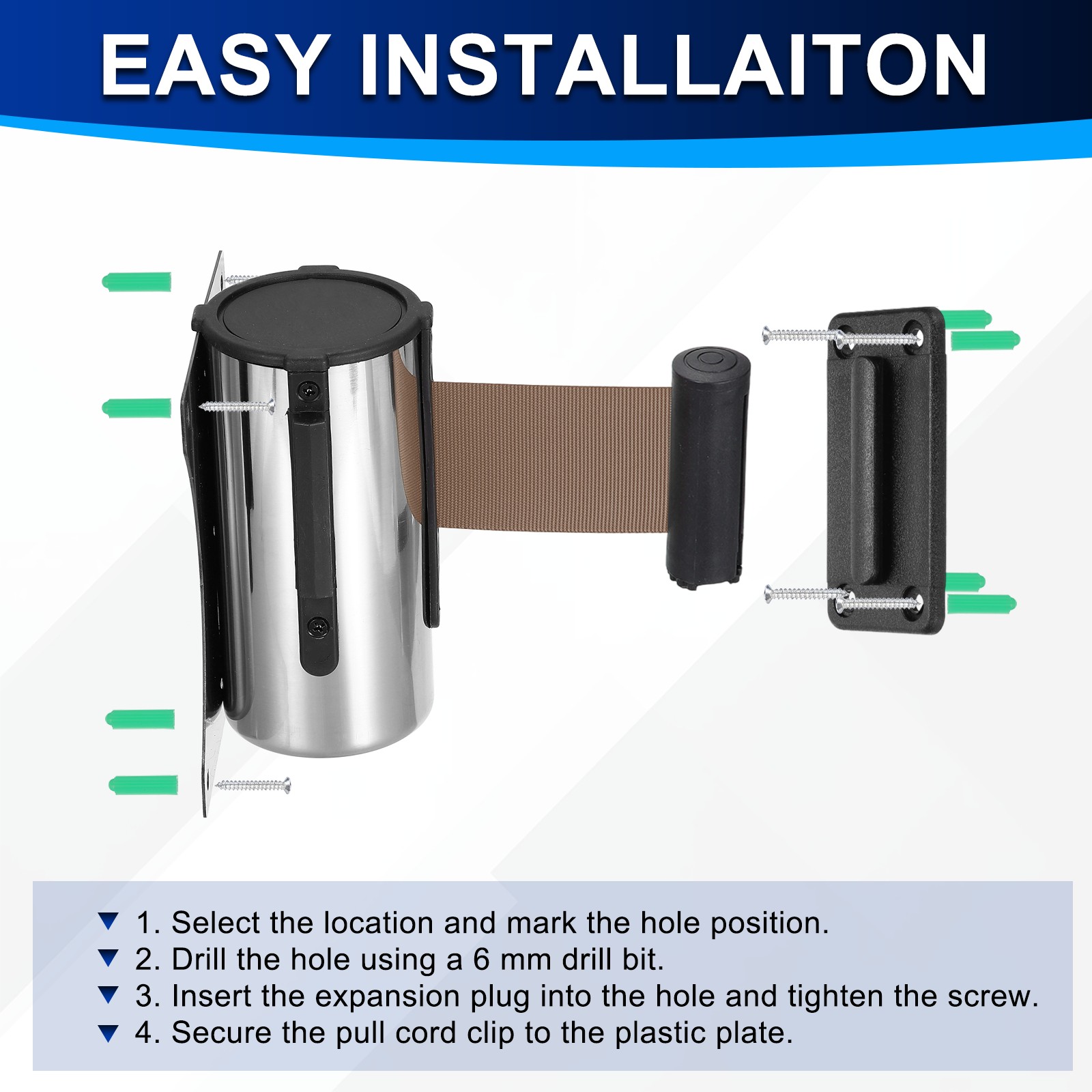 Fixed Wall Mount Retractable Belt Barrier (10 Feet, Brown) (1 Pcs)