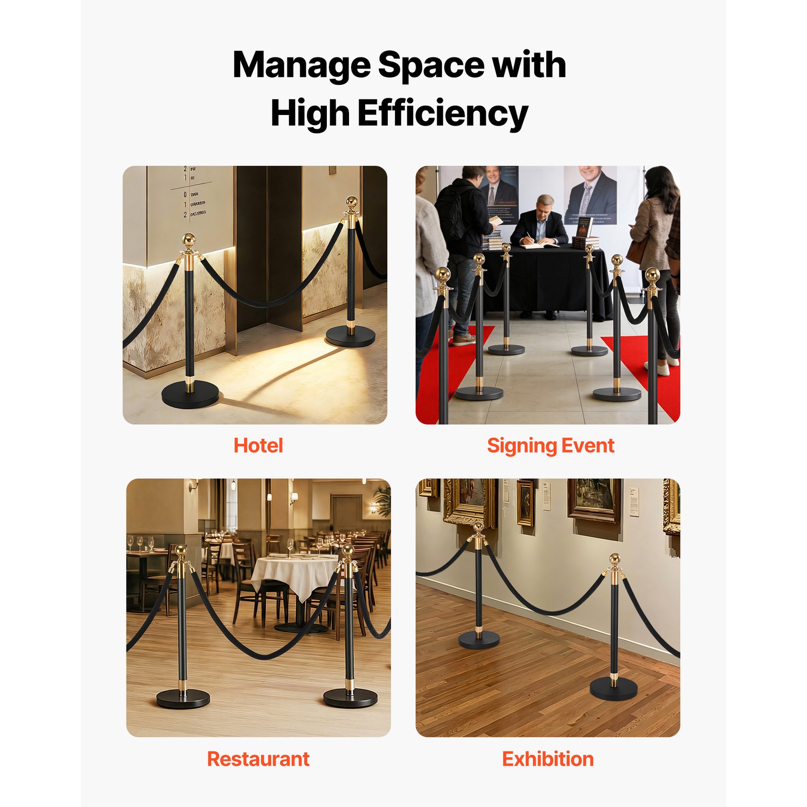 Uimoso 8-Piece Stanchion Post Crowd Control Set 6 Black Velvet Ropes Hollow Base