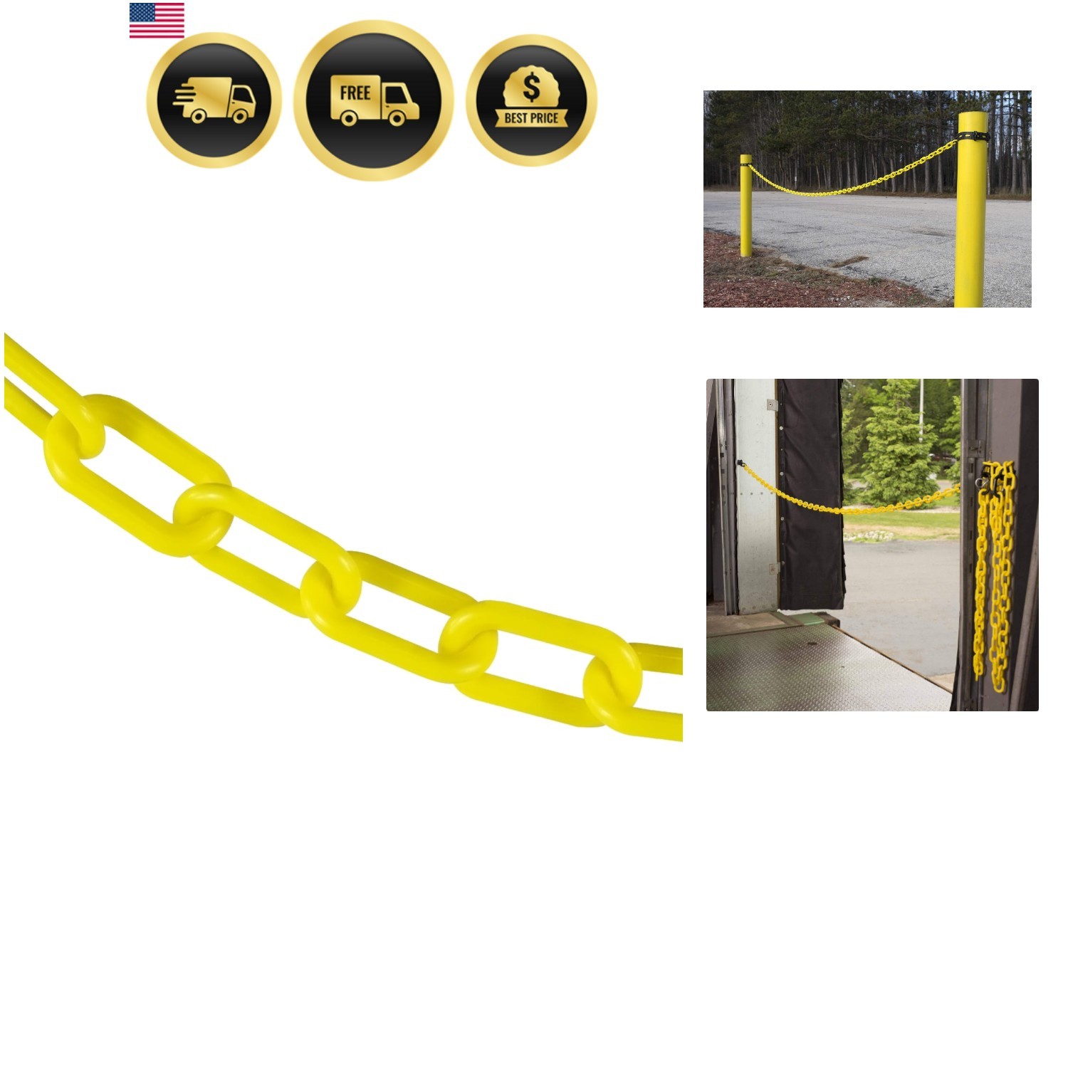 Plastic Barrier Chain, Yellow, 2-Inch Link Diameter, 25-Foot Length 50002-25