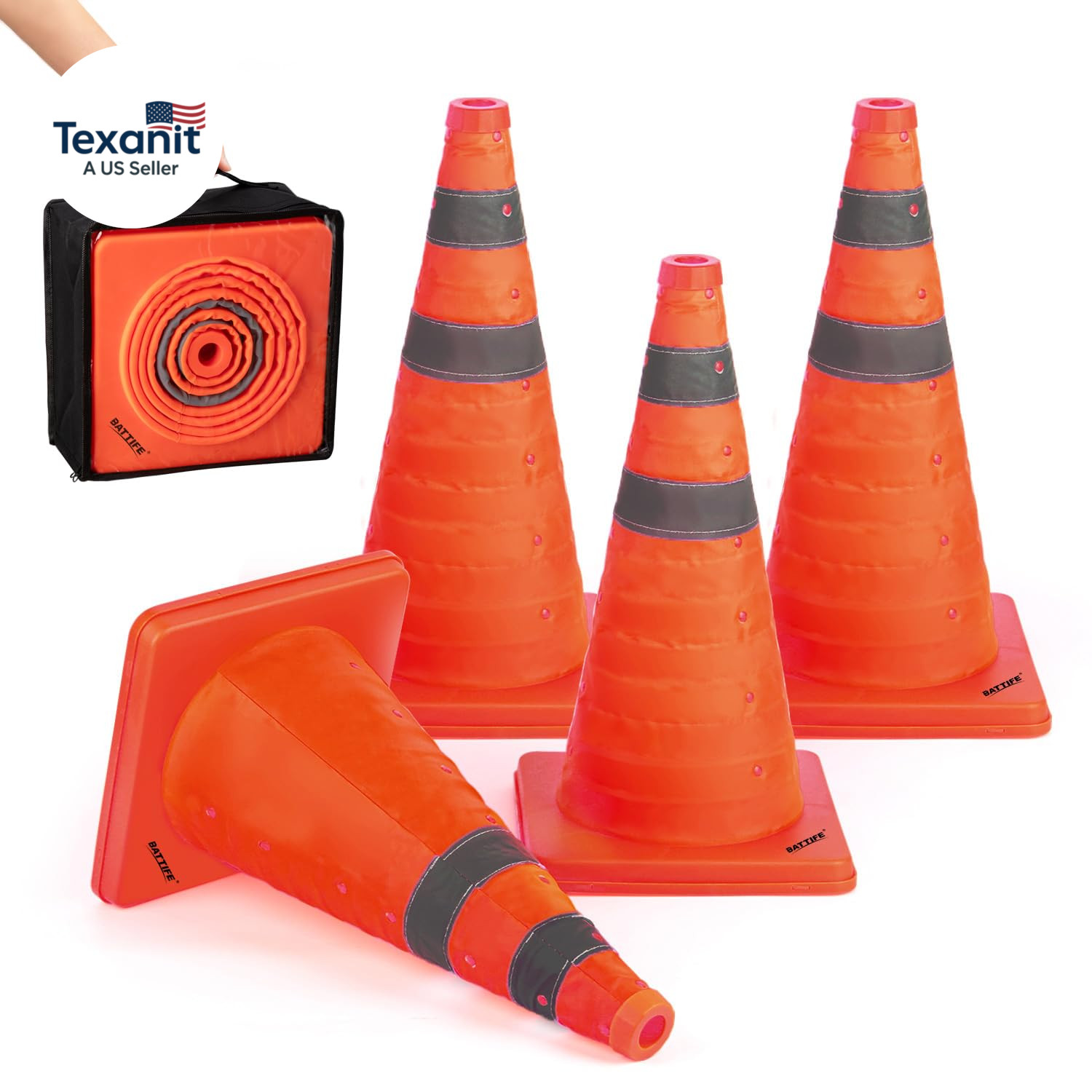[4 Pack] 18 Inch Collapsible Traffic Safety Cones, Orange Cones, Multi Purpose P