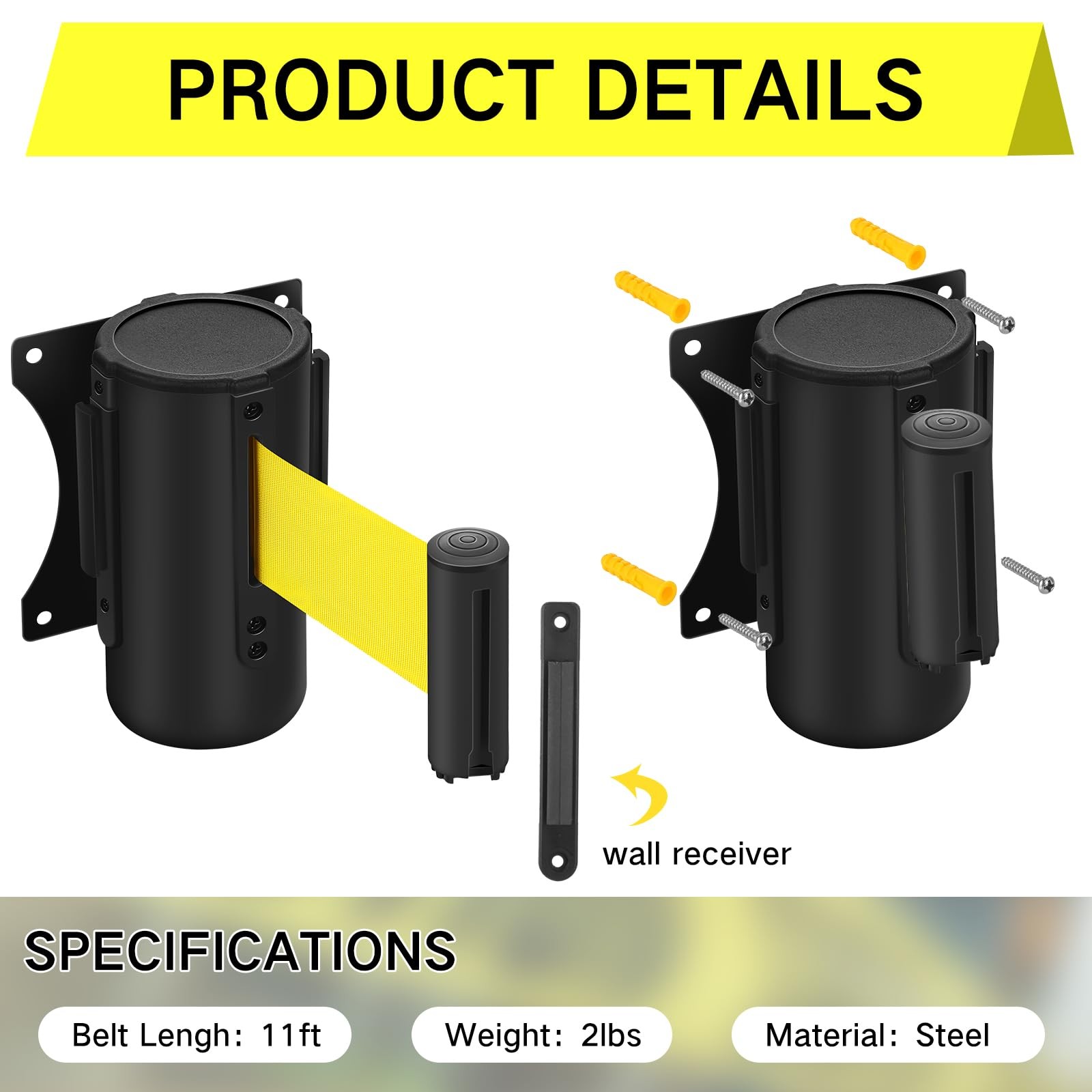 Therwen 2 Pcs Retractable Belt Barrier Fixed Wall Mount Caution Belt 10 Feet Cro