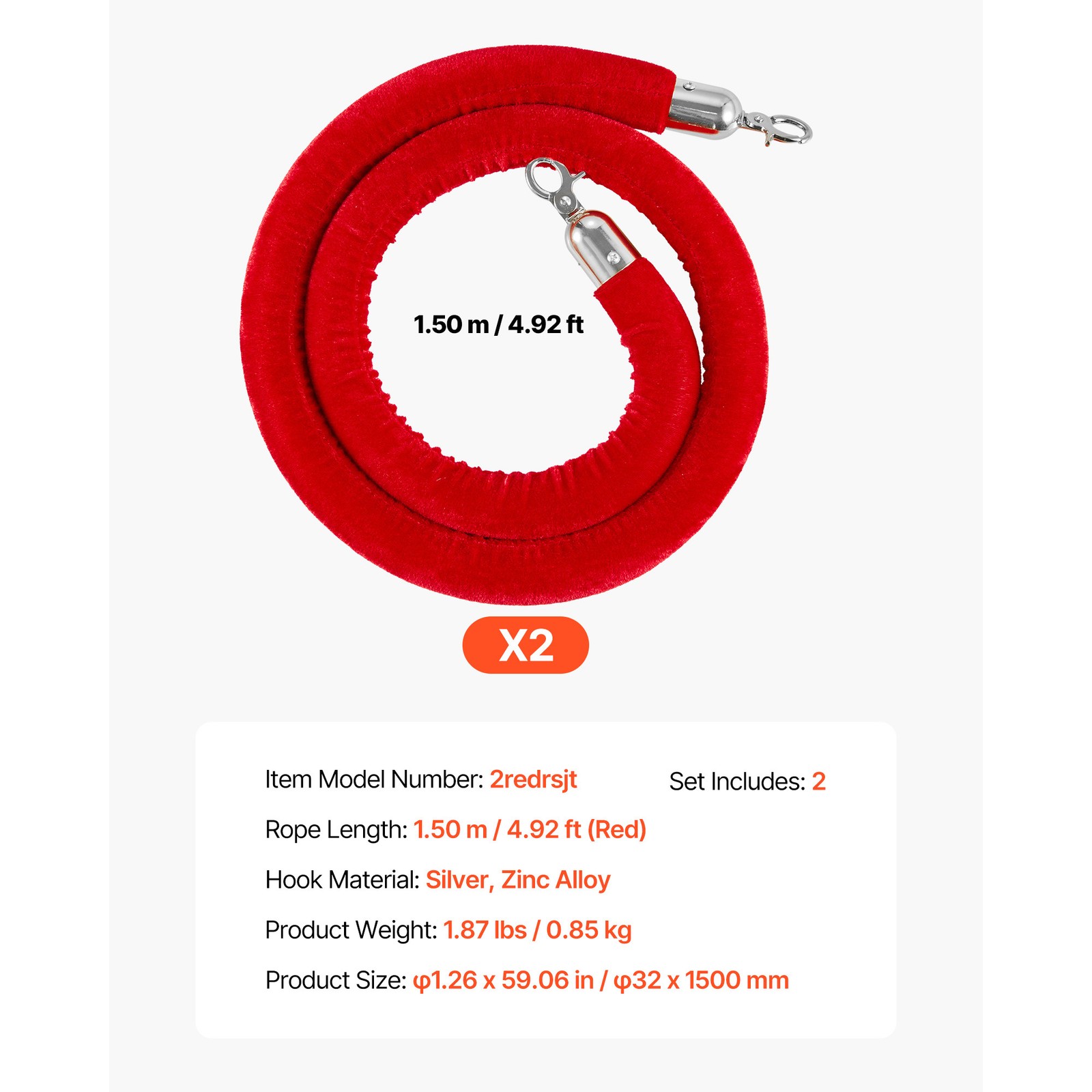 Uimoso 2 Pcs Red Velvet Barrier Ropes 5 ft with Silver Hooks for Stanchion Posts