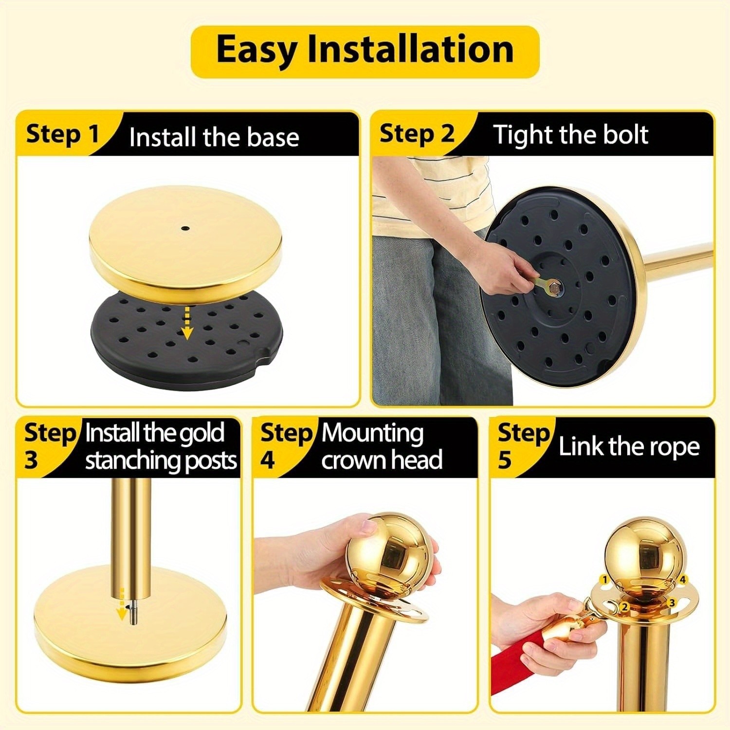 8 PCS gold stanchions and red velvet ropes,6 Red Velvet Ropes and Posts