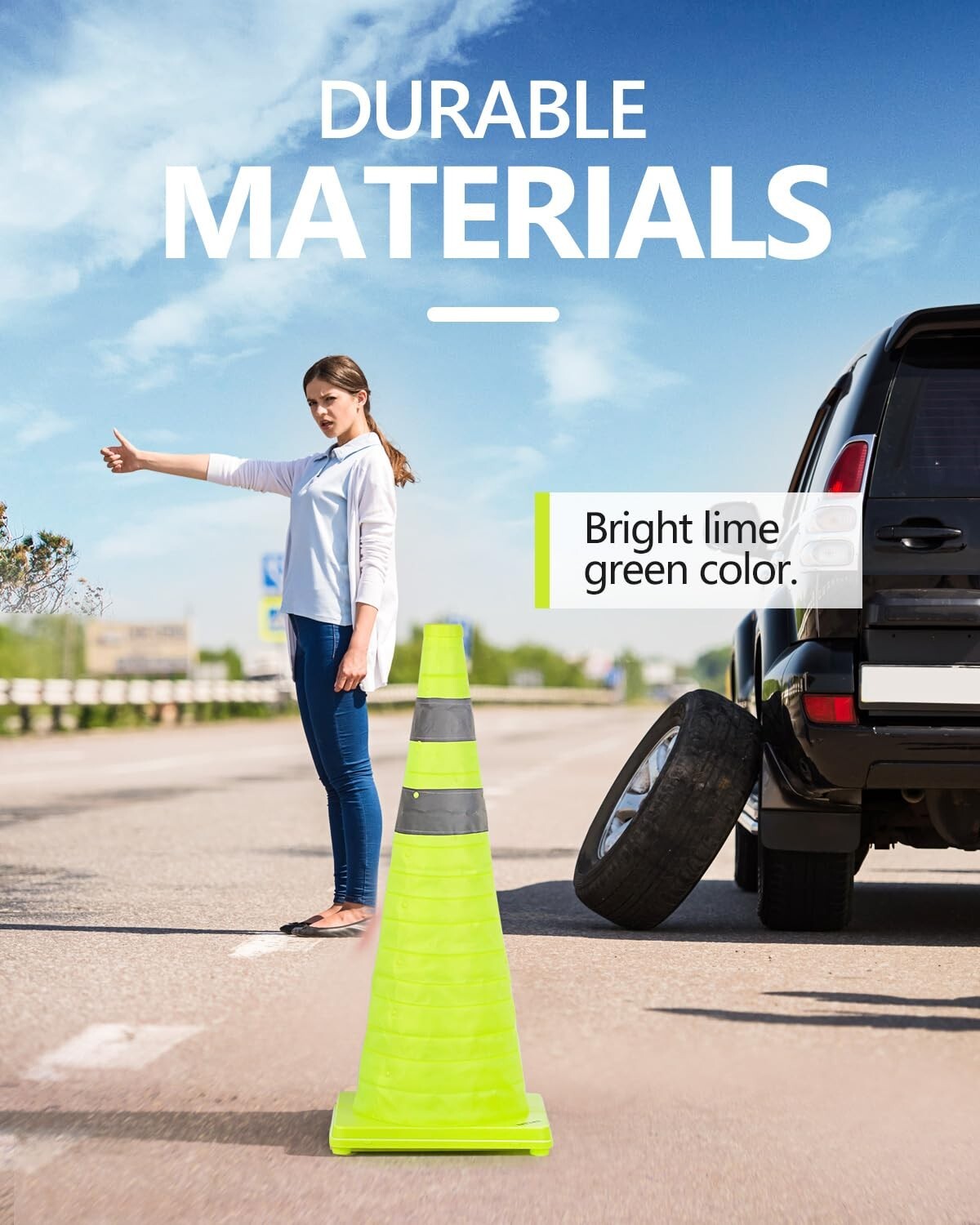 4 Pack Heavy-Duty Collapsible Traffic Cones – 28 inch – Reflective – Lime Green