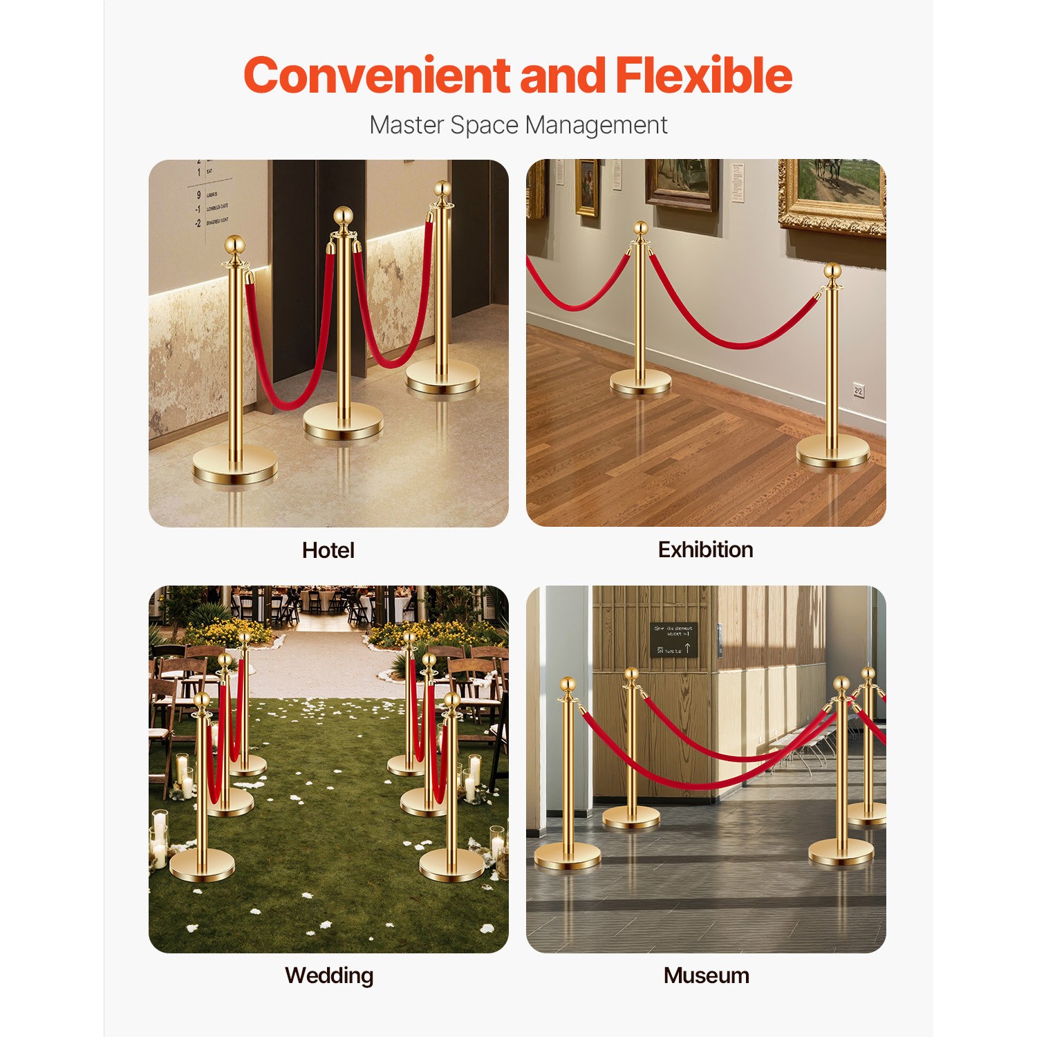 Uimoso 6 Pcs Gold Stanchion Post 4 Red Velvet Ropes Sand Injection Hollow Base