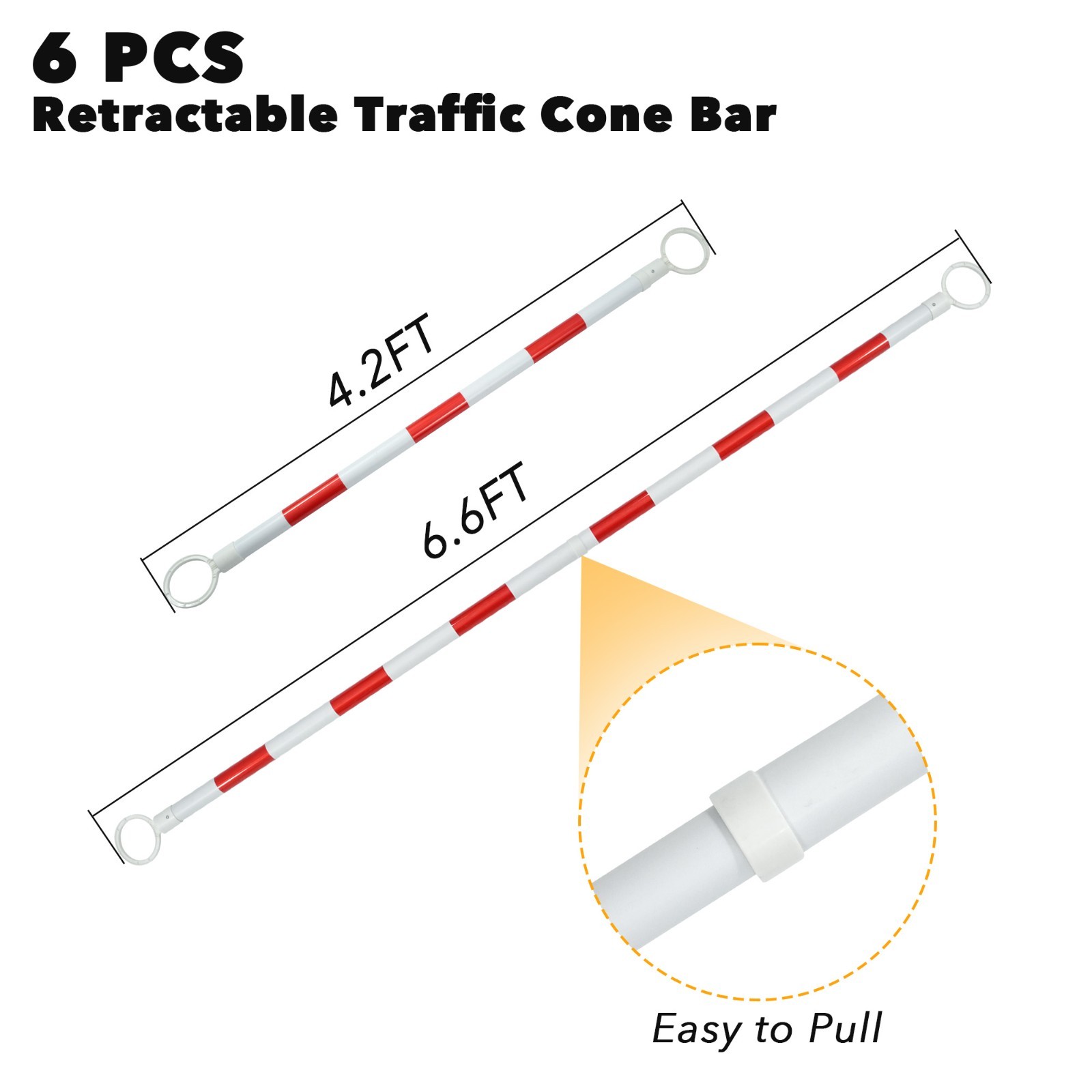 6 Pack Retractable PVC Cone Bar 4.2–6.6 FT White/Orange Universal Use