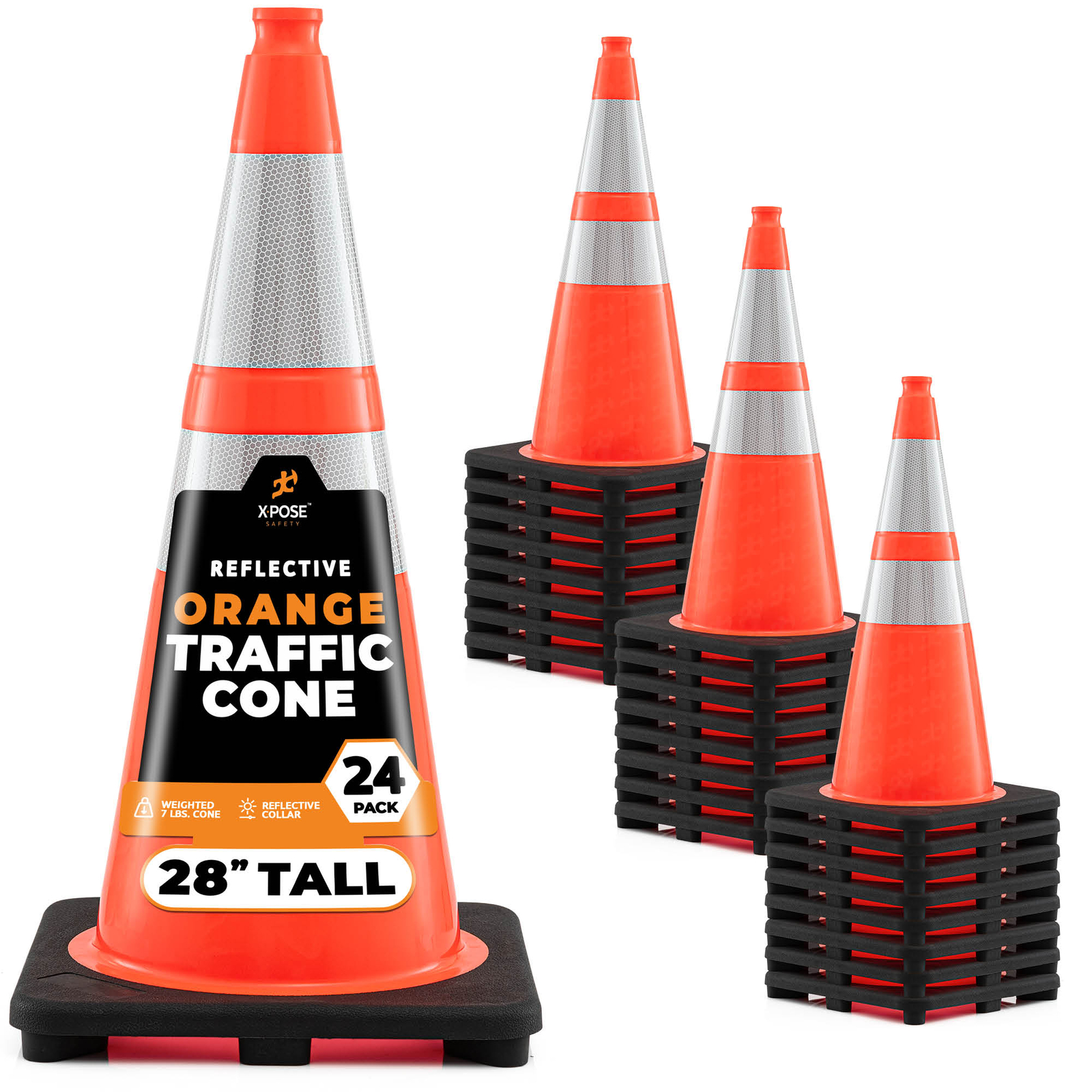 24 Pack Orange Traffic Cones 28 Inch with 6″ & 4″ Collar, PVC Plastic
