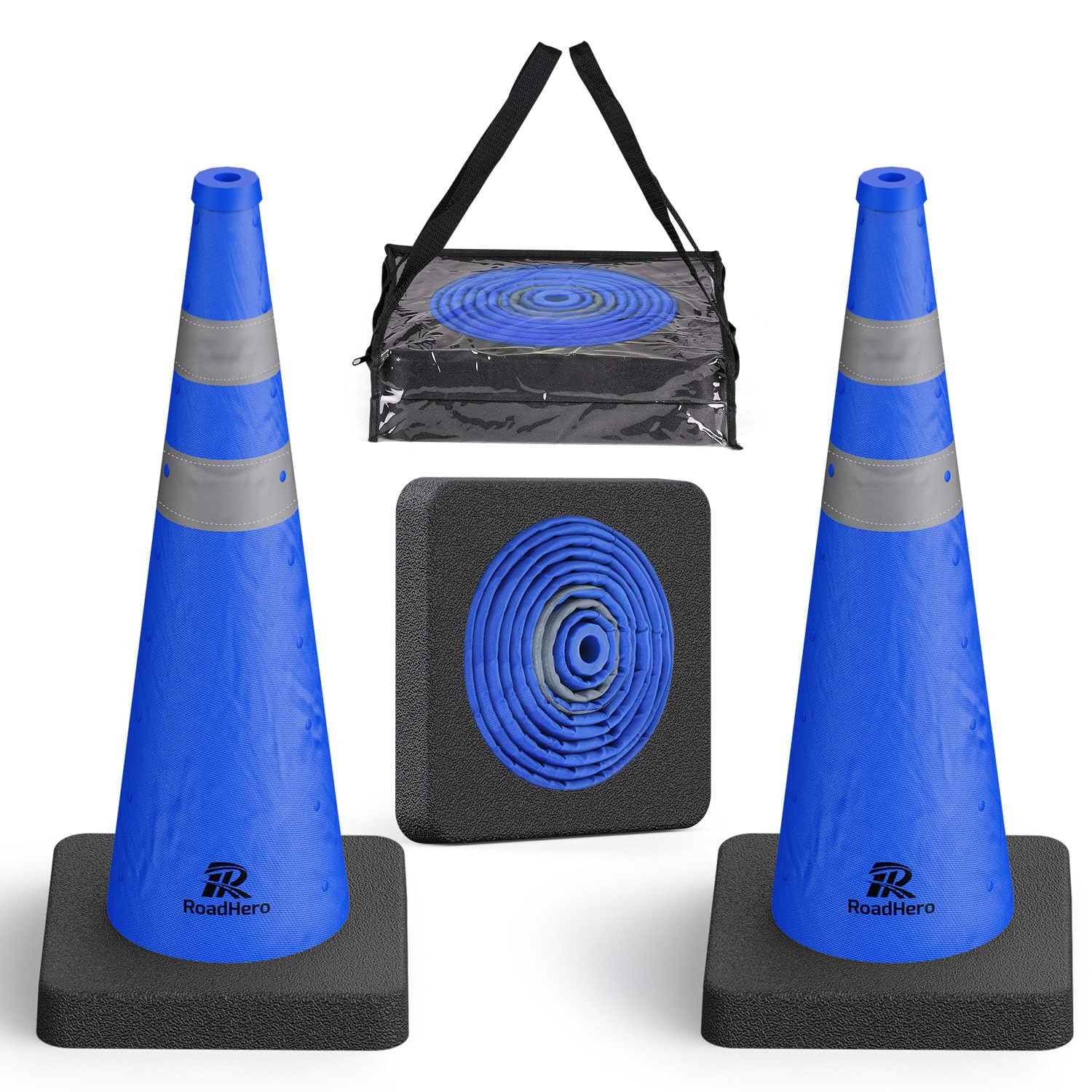 RoadHero 28 Inch Collapsible Traffic Safety Cones with Black Weighted Base, C…