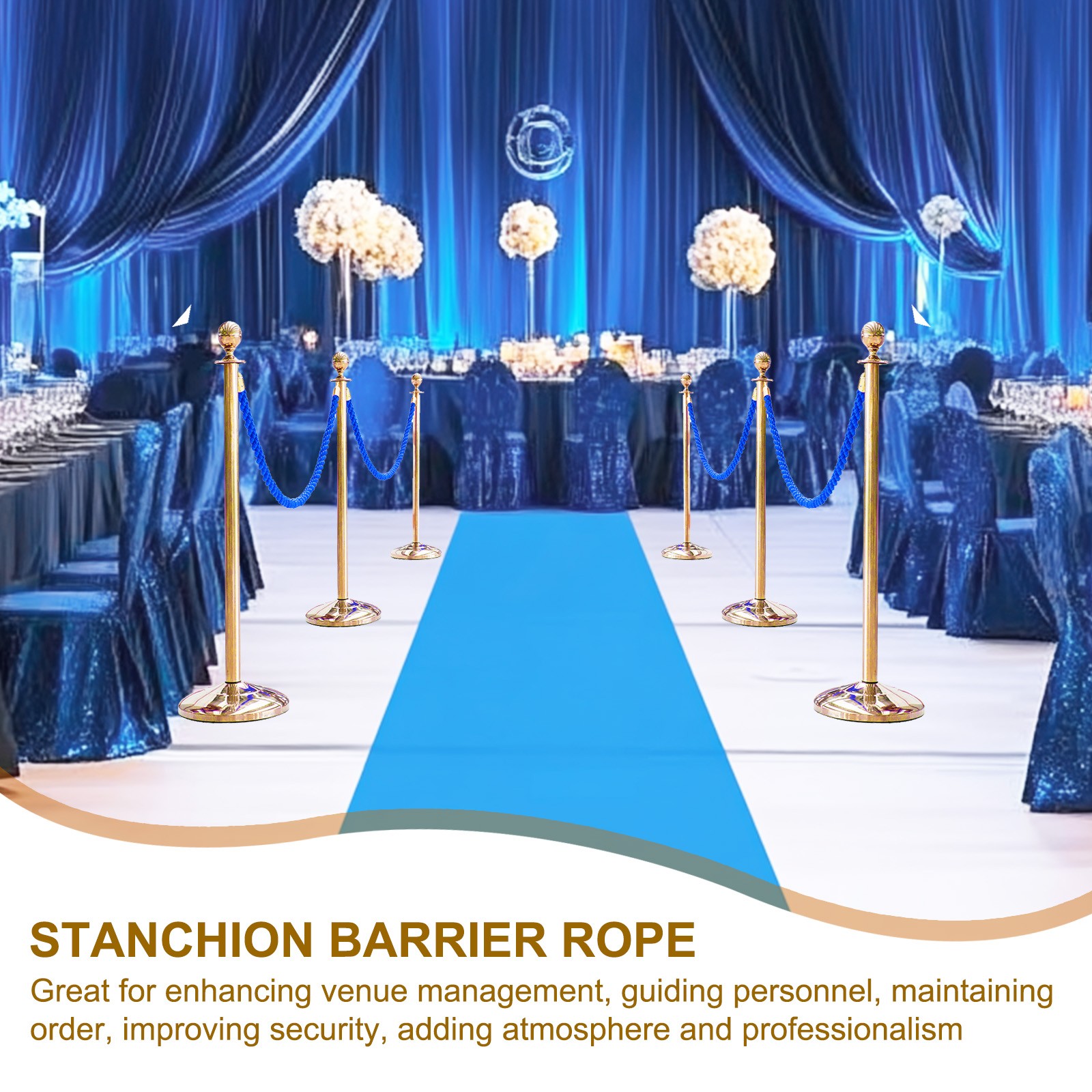 6.6 Ft/2 m Twisted Stanchion Rope Barrier Rope with Hooks Blue Golden