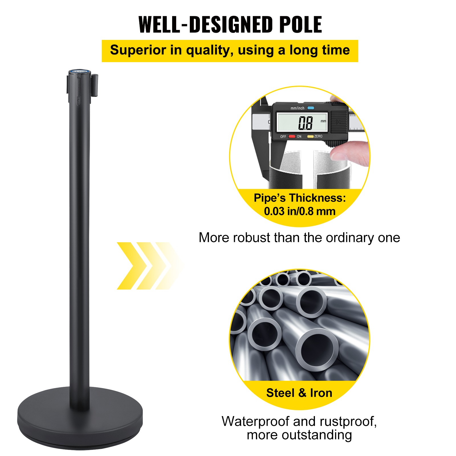 VEVOR Crowd Control Stanchion Stanchion Set 6 Pieces with 6.6 ft/2 m Black Belt
