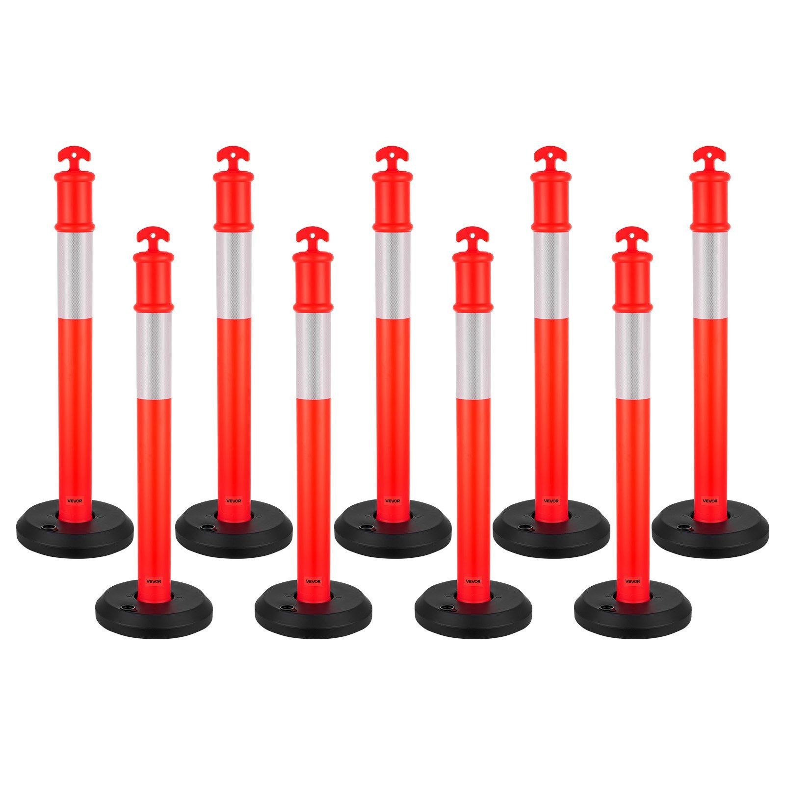 9-Pack 48in Traffic Delineator Posts 33lb Base & Reflective Strips Red