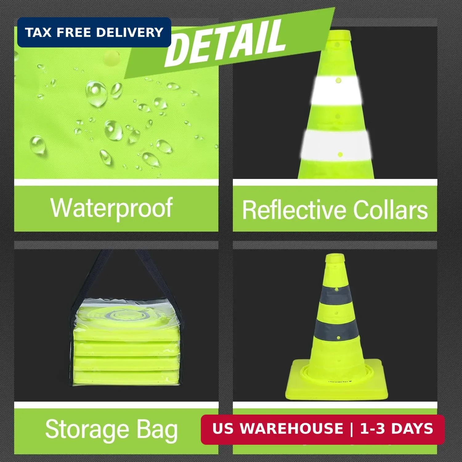 RoadHero 18 Inch 4 Pack Collapsible Traffic Safety Cones, Lime Green Pop-up Cone