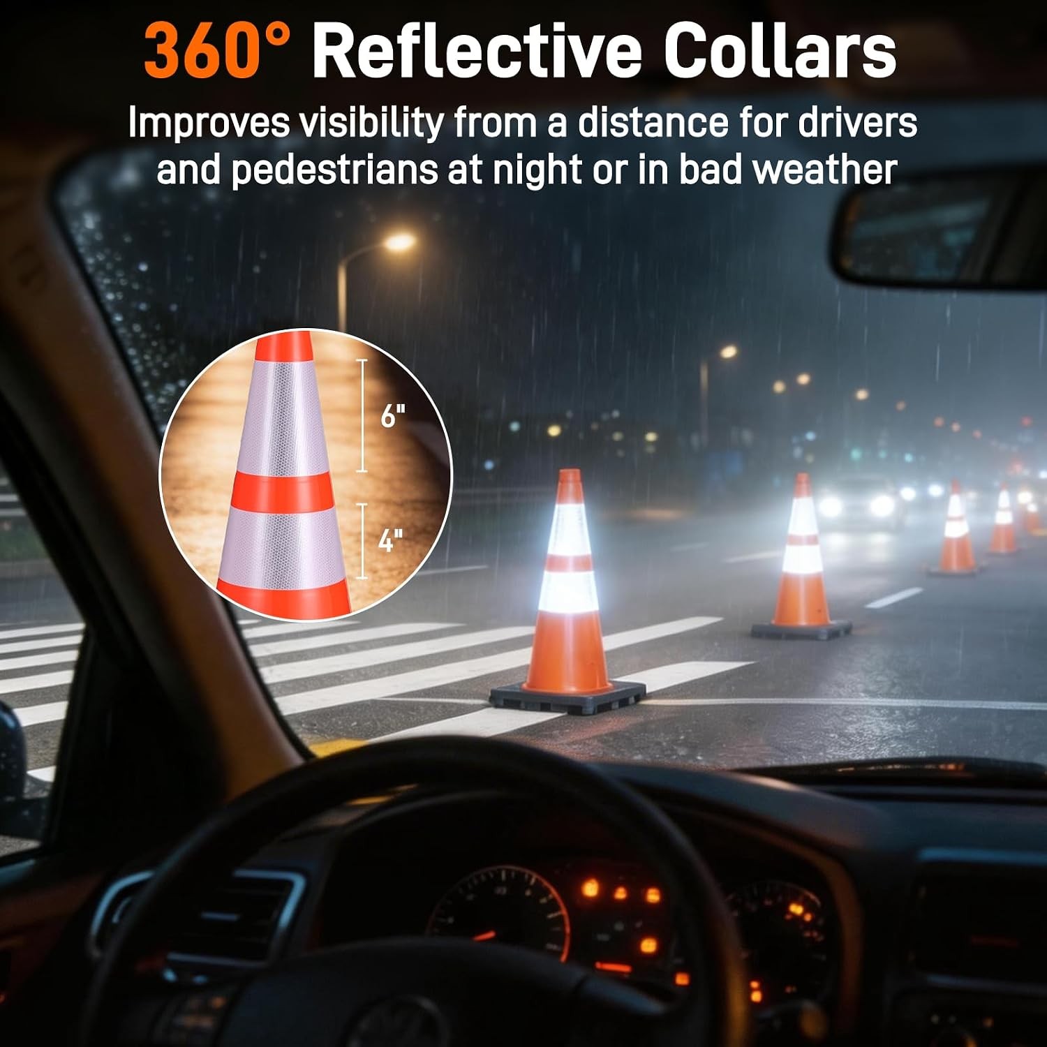 28 Inch Traffic Cones W/ 7 Lb Black Base & Reflective Collars Durable