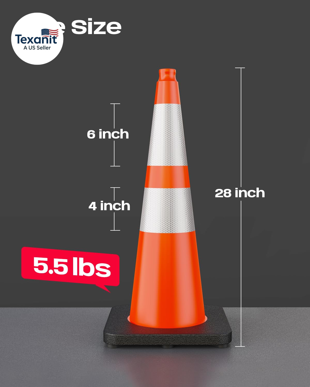 28 Inch Traffic Cones with Black Weighted Base, PVC Orange Safety Cones for Traf