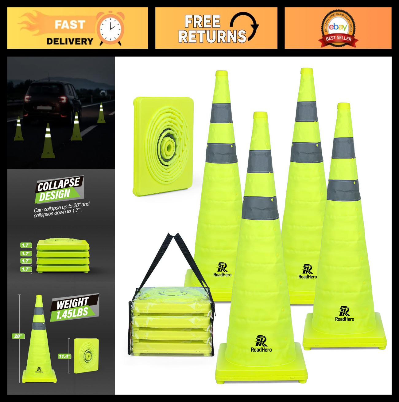 28″ Collapsible Traffic Safety Cones – 4 Pack, Lime Green, Reflective Collar, Ro