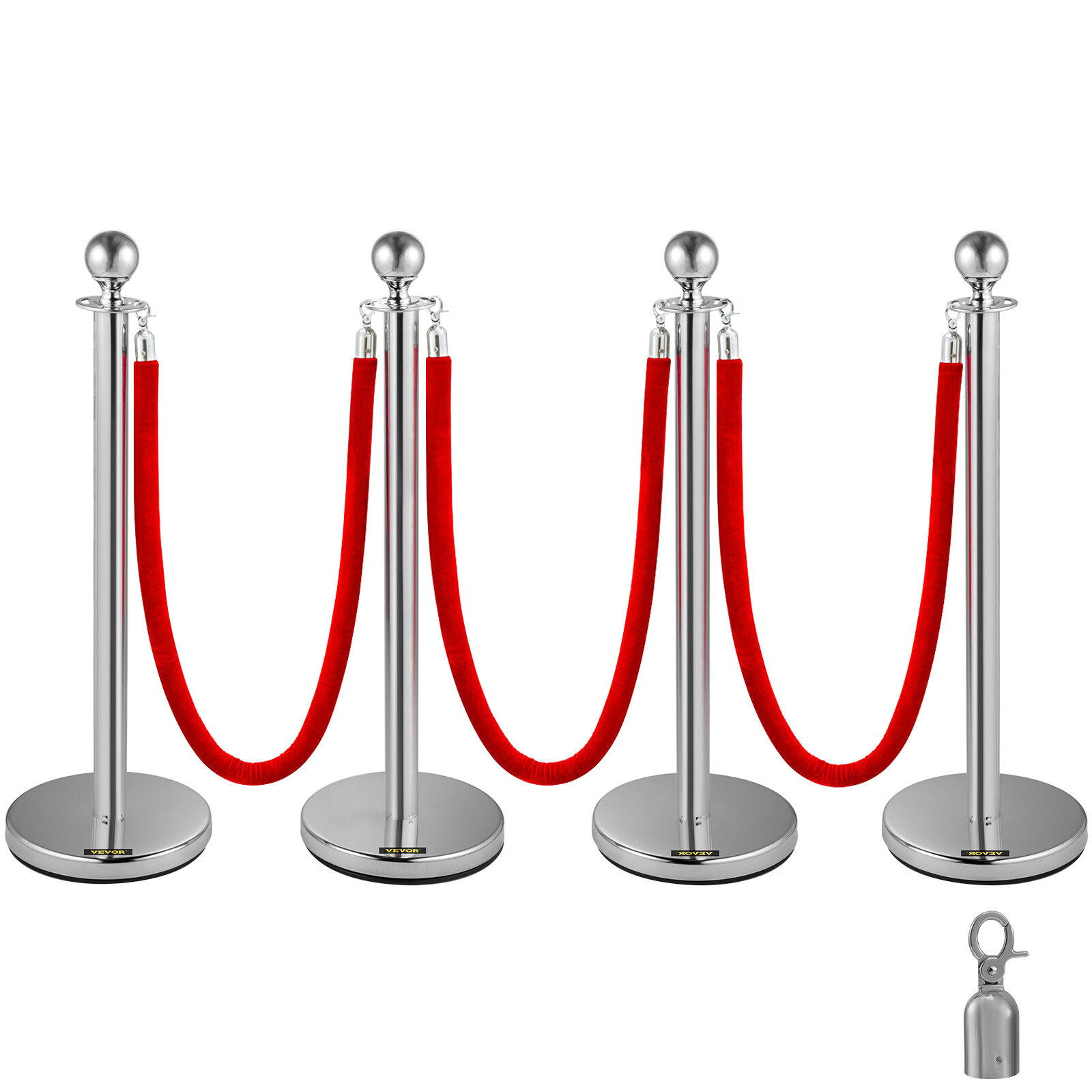 Crowd Control Stanchion Silver 4×37.8″ Pack 3 Ropes Exhibition Ceremony Red