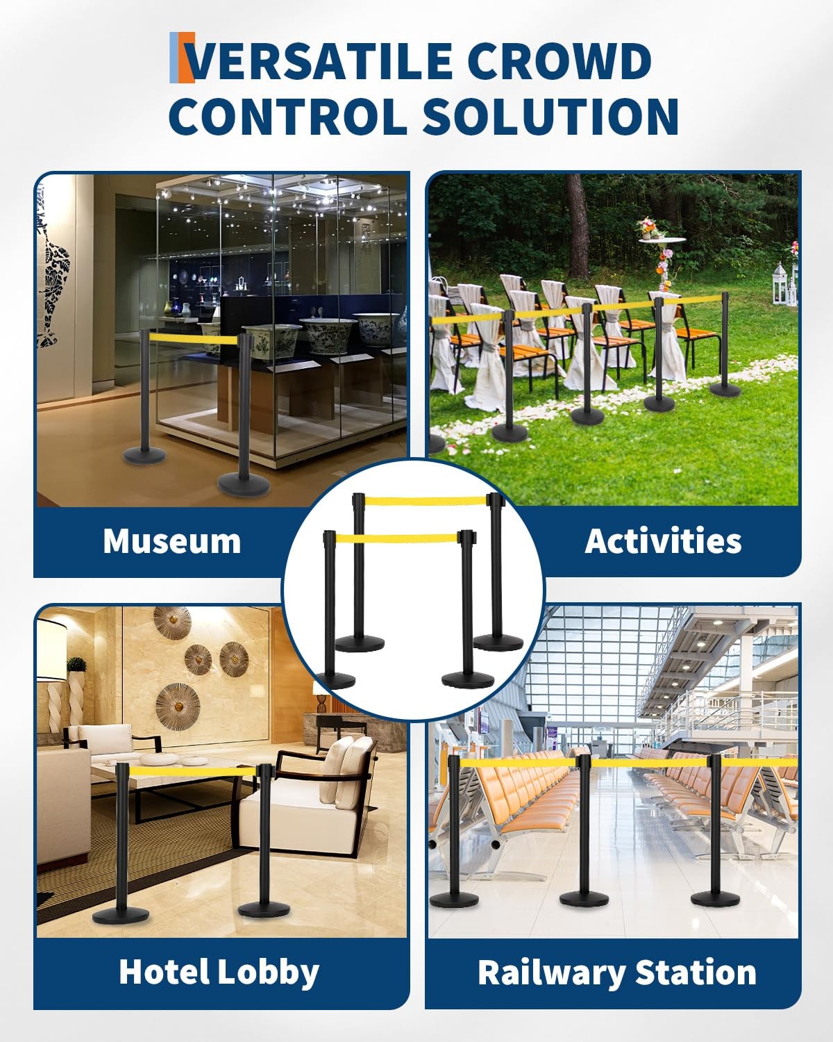 2/4/6Pcs Crowd Control Barrier Queue Poles w/ Retractable Belt Stanchion Posts