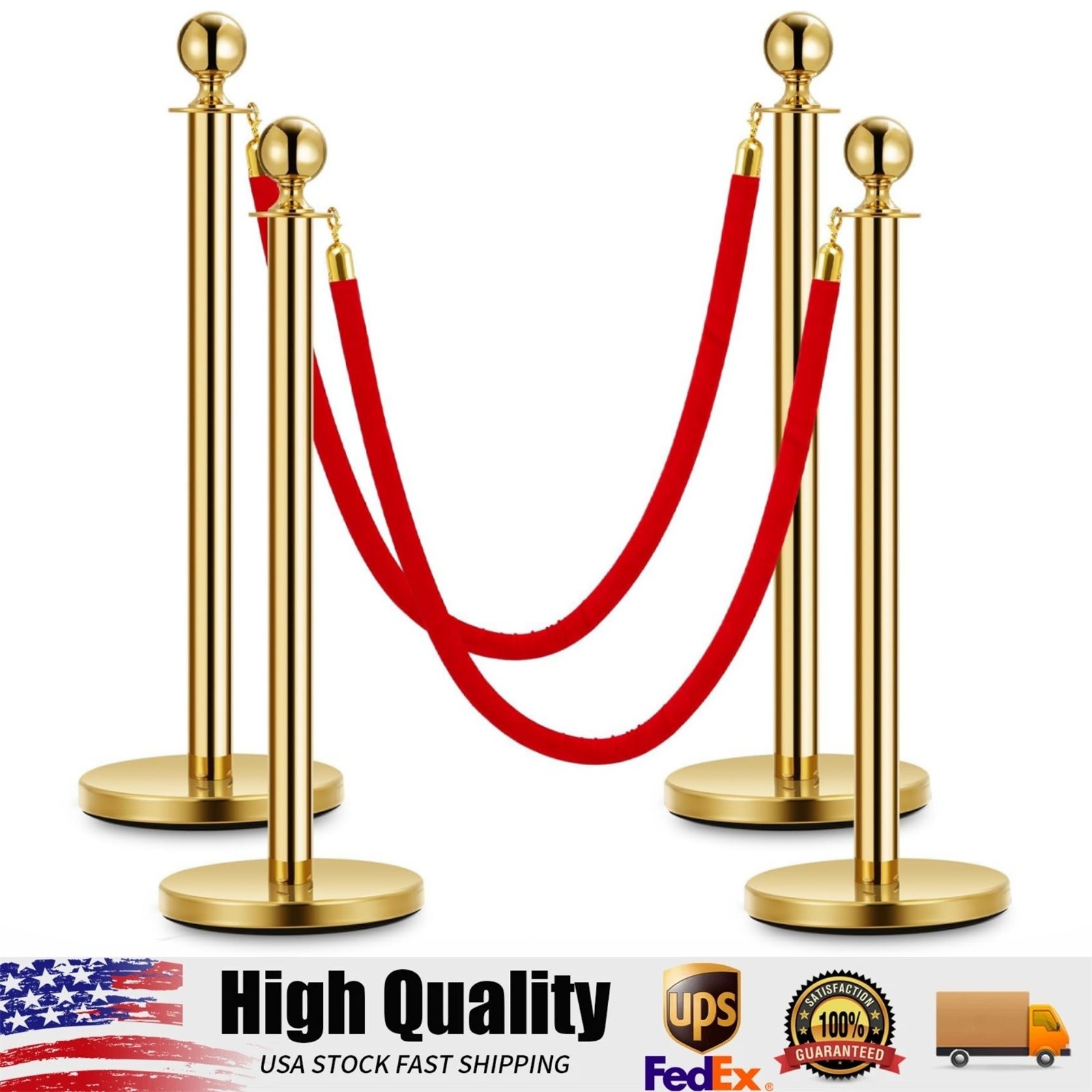 4 Gold Stanchions with 2Pcs 5FT Red Velvet Ropes, Stainless Steel Stanchion Pole