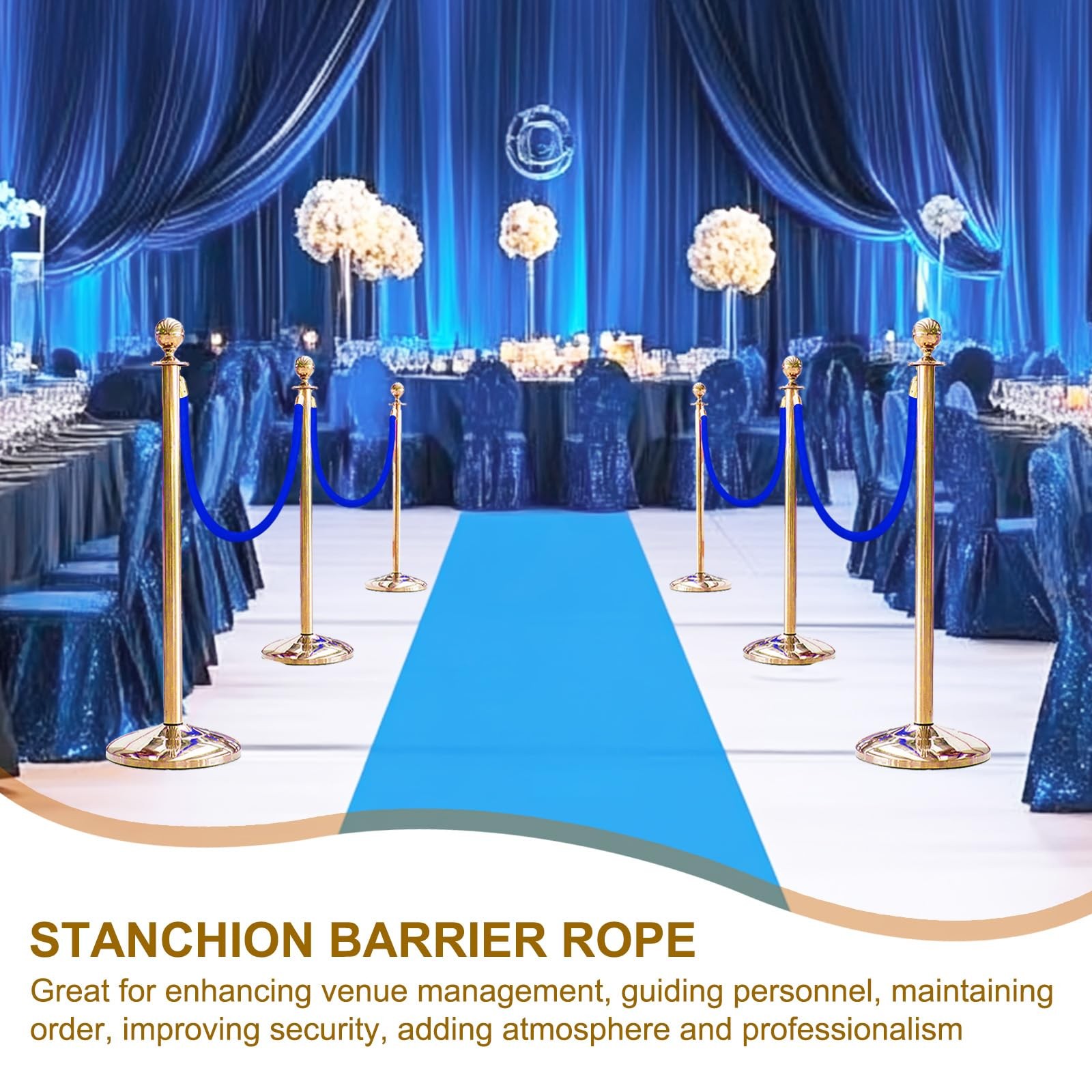 2 PCS 6.6 Ft Blue Velvet Stanchion Barrier Rope with Snap Hooks