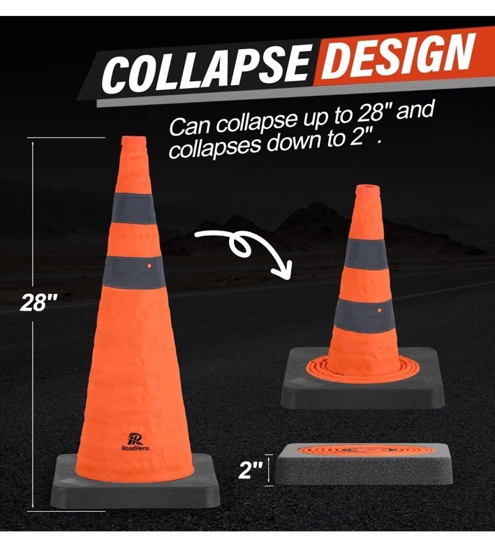 4 Multi Purpose Pop-up Collapsible Traffic Cones Safety Cones 28″ Reflective RV