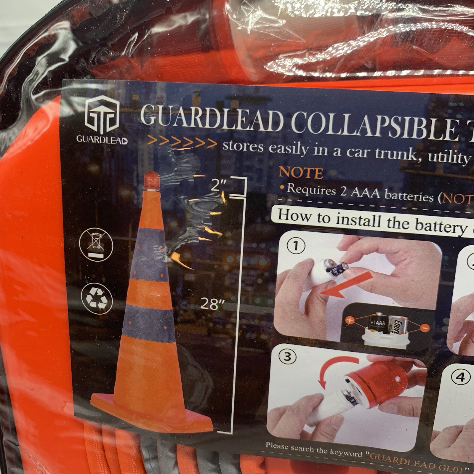Collapsible Traffic Safety Cones 4 Pack 28 inch w/ LED Light by Guardlead