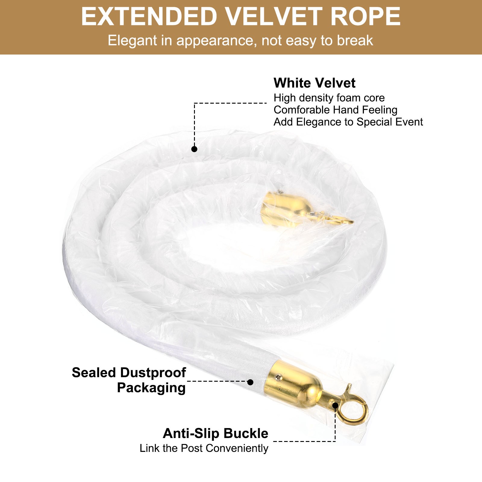 6 Feet White Velvet Stanchion Rope, 2 Pack Crowd Control Barrier Rope, Golden