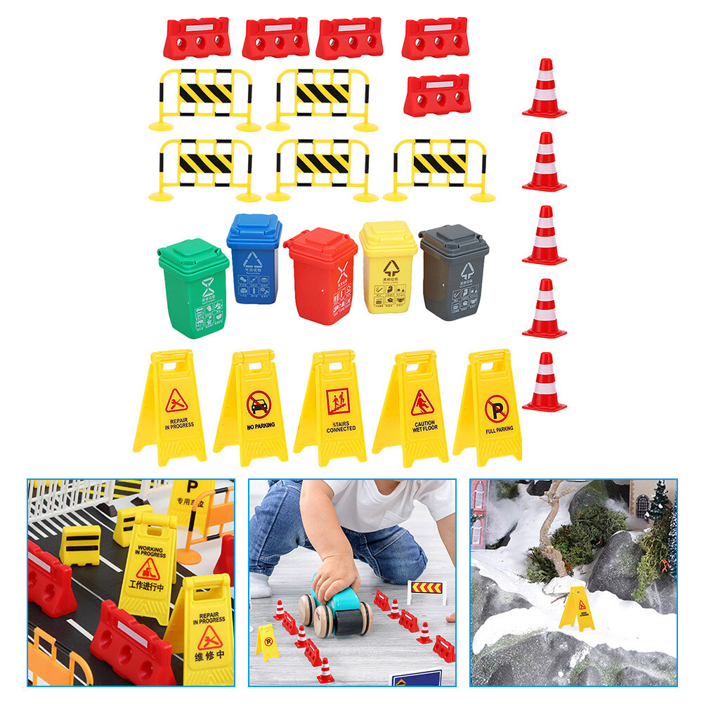 Set Traffic Signs Toys Kids Pretend Play Street Signs Traffic Barrier Toys