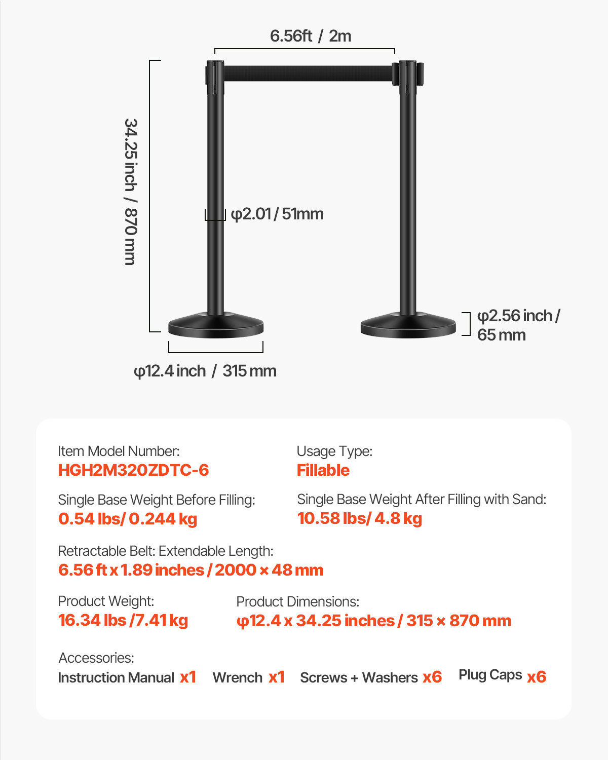 6 Pcs Stanchion Post with 4 Retractable Belts & Sand Injection Hollow Base