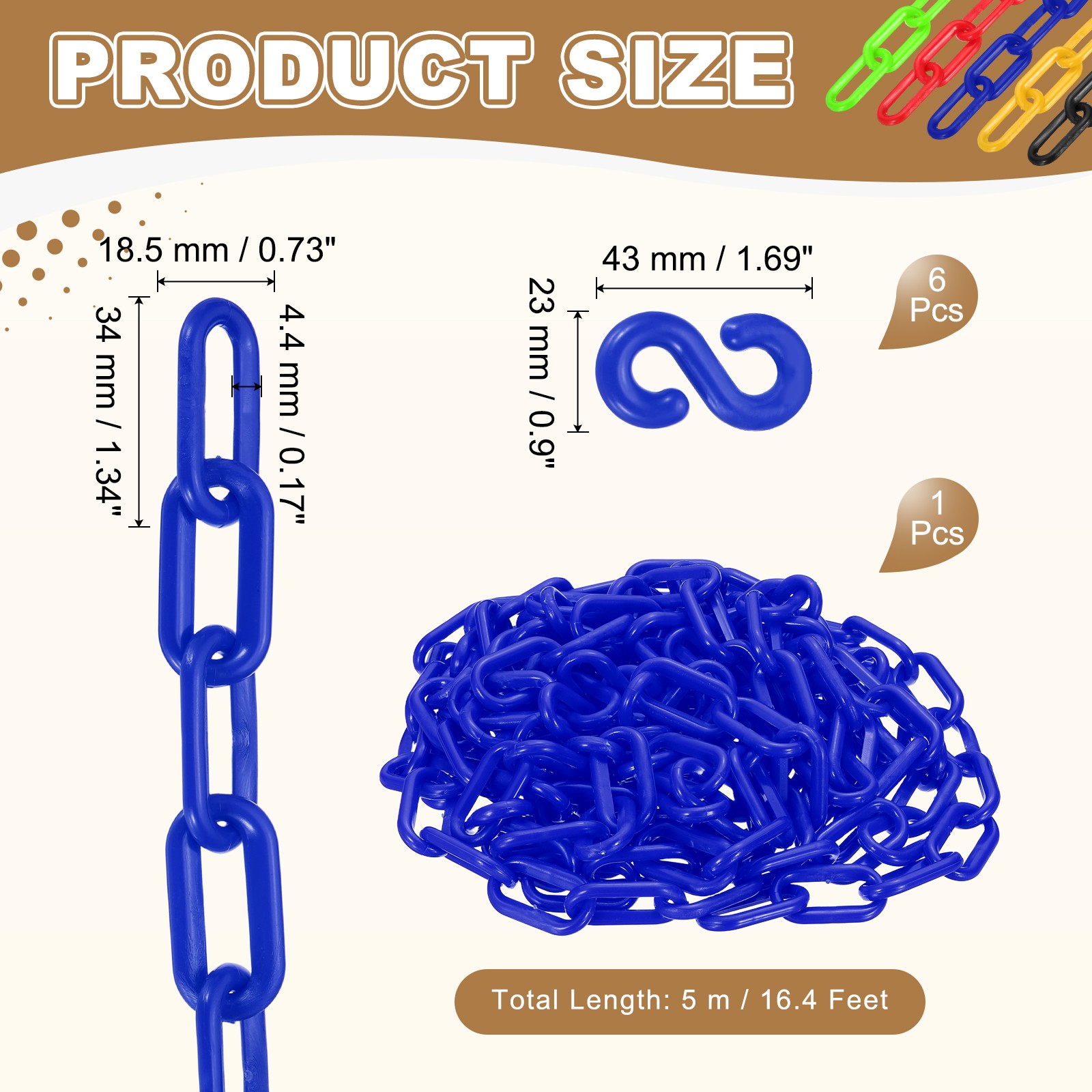 Barrier Chain, (16.4ft 0.7″ Dia., Blue), Plastic Safety Chain Links W S Hooks