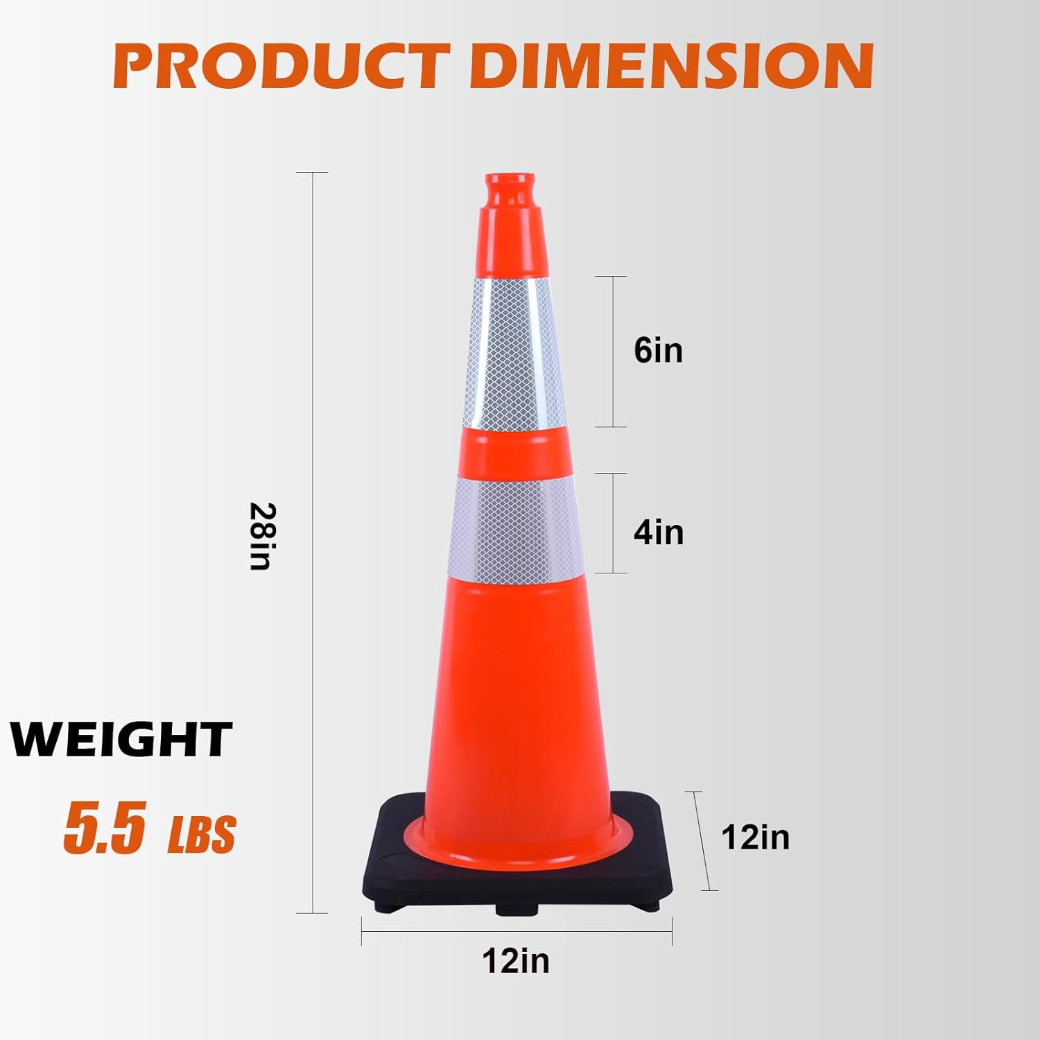 8 Pack 28 Inch Orange PVC Traffic Cones Black Base Stable Flexible, Road Safety