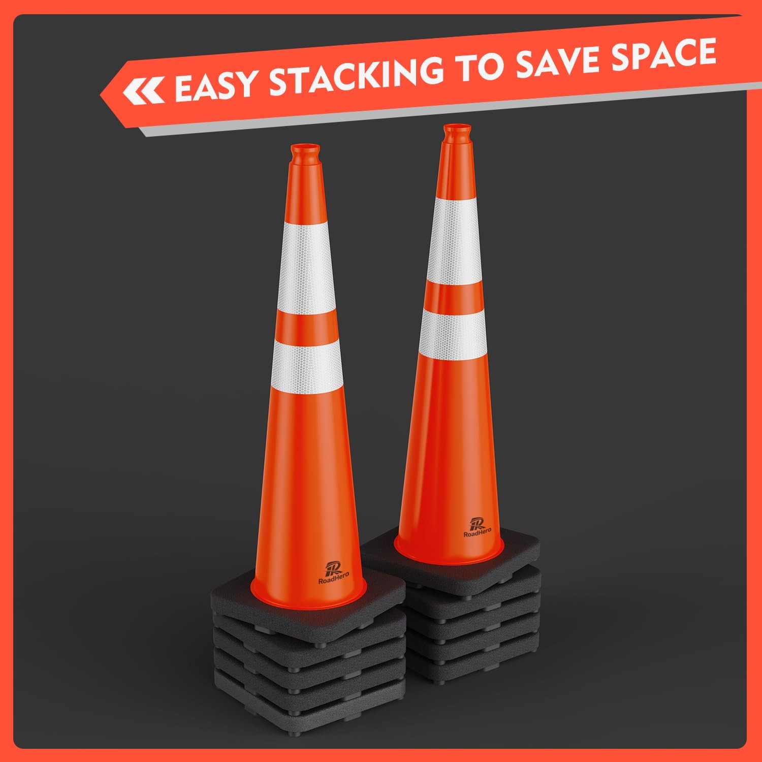 (4 Pack) Traffic Safety Cones 36 Inch with Black Weighted Base, Plastic PVC Cone