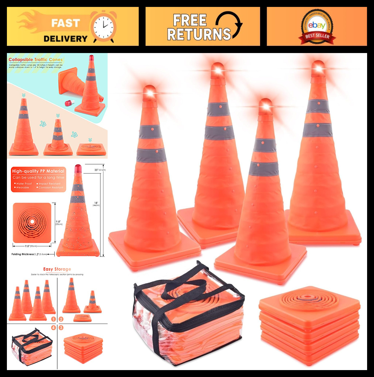 4 Pack 18″ Collapsible Traffic Cones with LED Lights – Reflective Safety Road Co