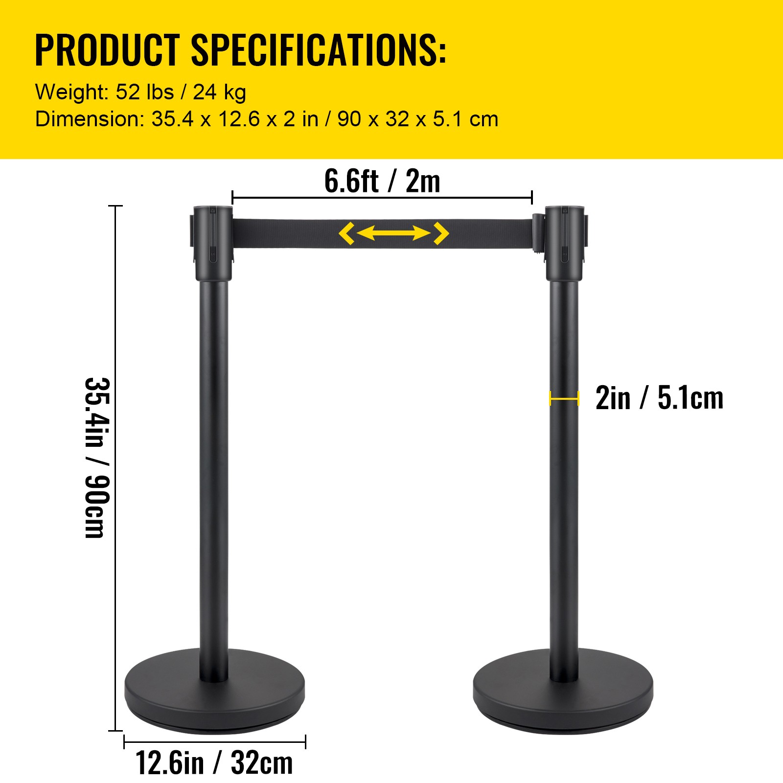 VEVOR Crowd Control Stanchion Stanchion Set 4 Pieces with 6.6 ft/2 m Black Belt