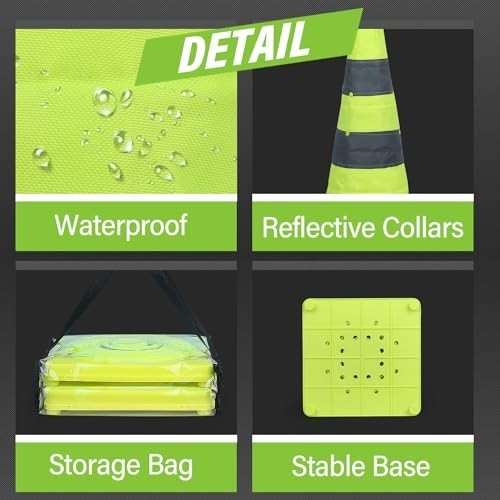 28″ Collapsible Traffic Safety Cones – 4 Pack, Lime Green, Reflective Collar, Ro