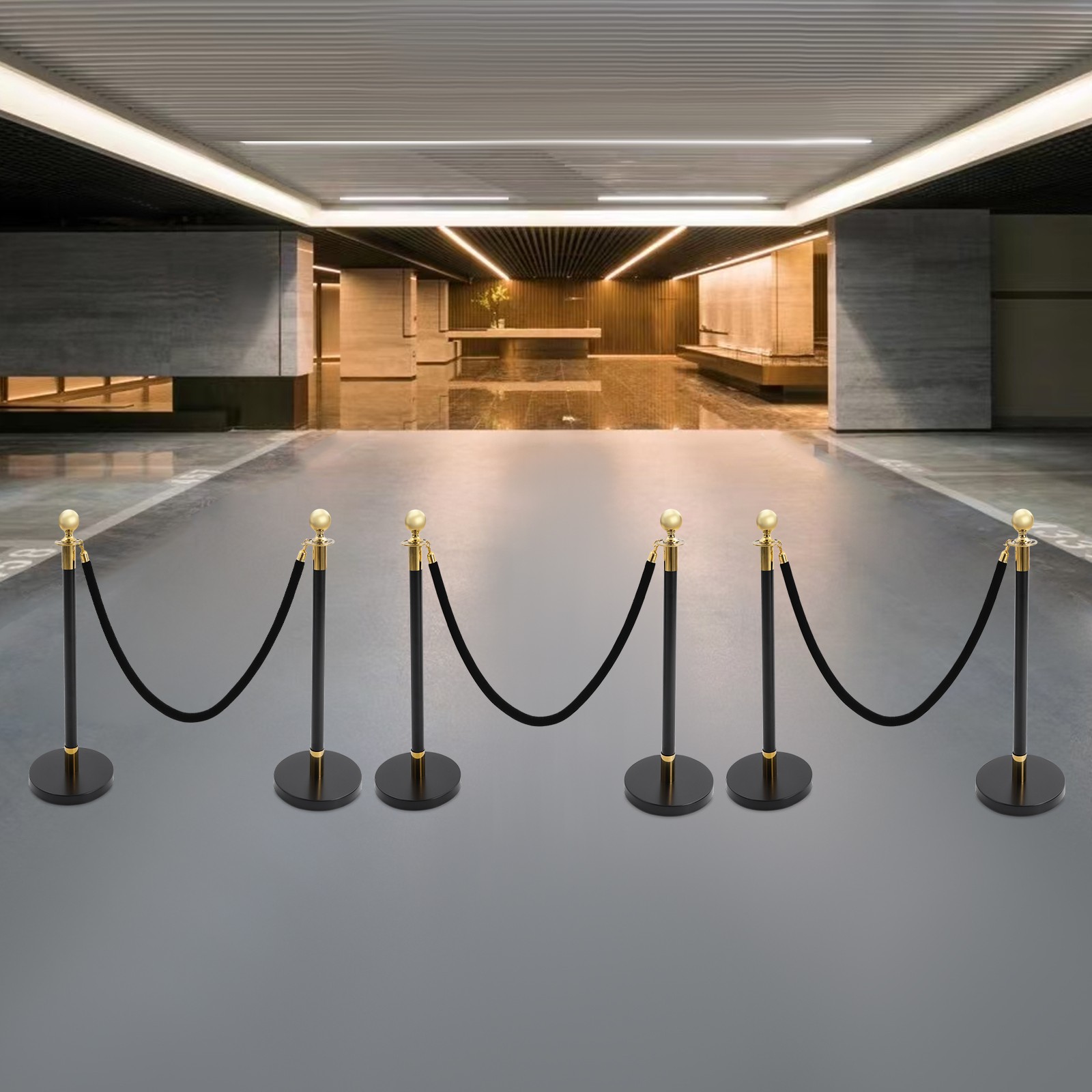 6PCS Black+Gold Stanchion Posts Queue Pole w/ 4 1.5M Ropes Crowd Control Barrier