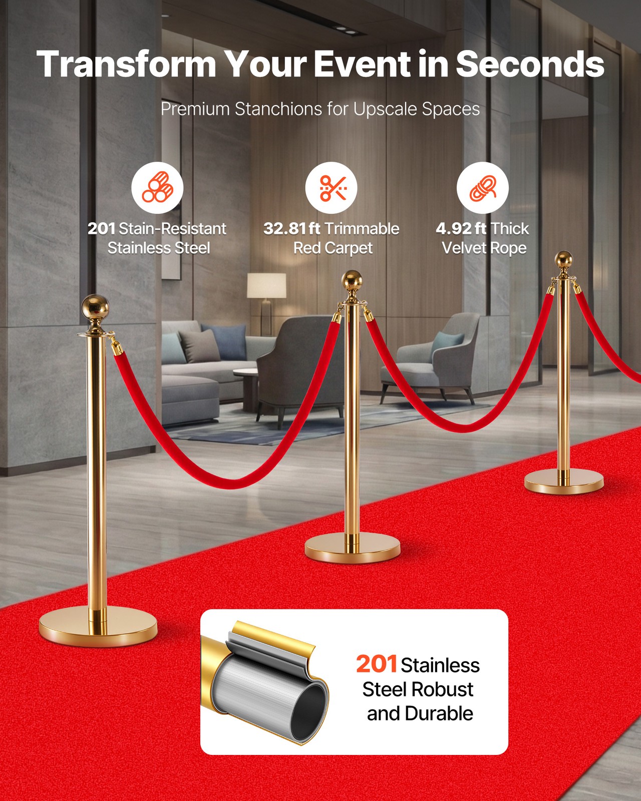 VEVOR 8 Pcs Stanchion Post with Red Carpet & 6 Red Velvet Ropes Hollow Base Gold