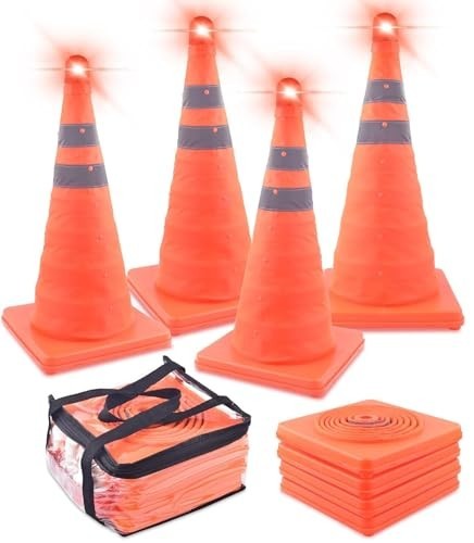 4 Pack 18″ Collapsible Traffic Cones with LED Lights – Reflective Safety Road Co