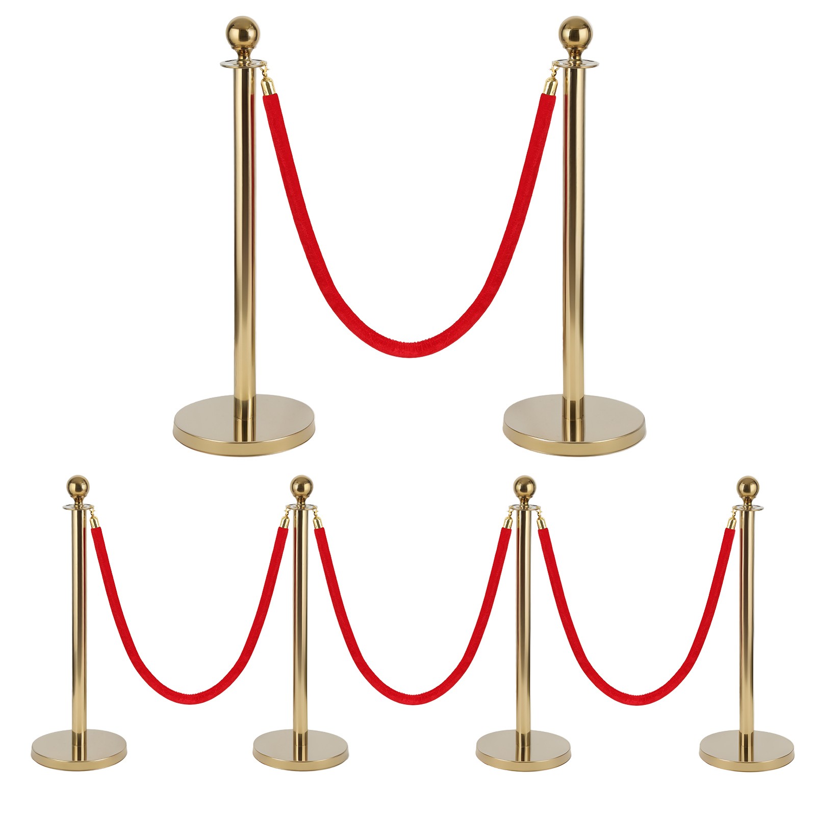 8Pcs Stanchion Post Queue Barrier Crowd Control Sand Base Gold with Velvet Ropes