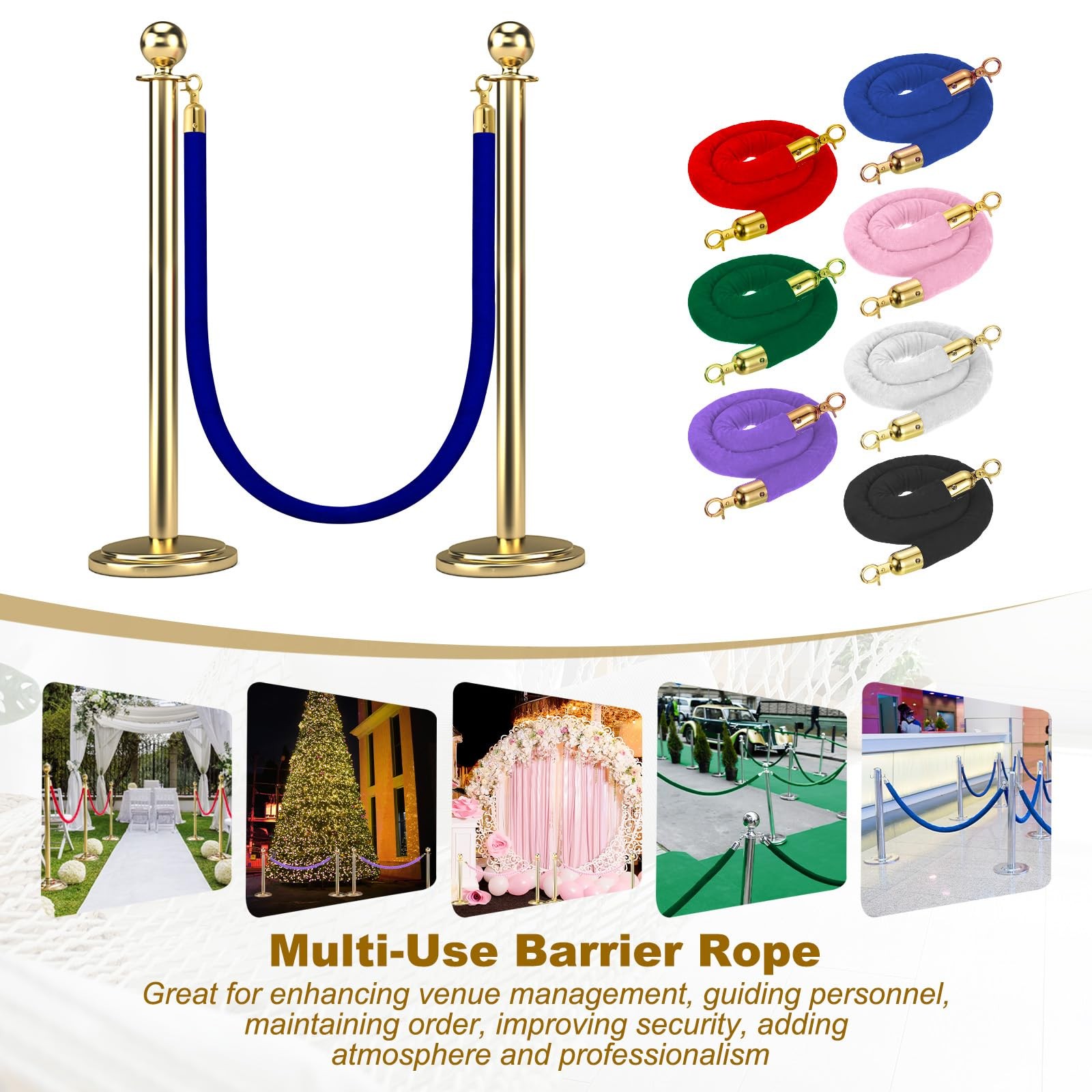 2 PCS 6.6 Ft Blue Velvet Stanchion Barrier Rope with Snap Hooks