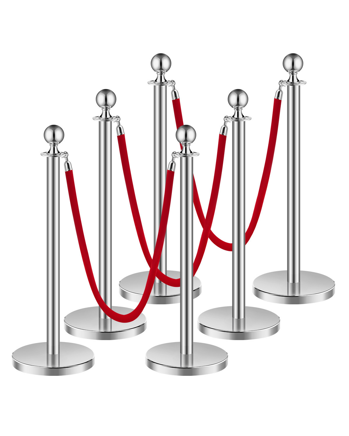 6 Pcs Silver Stanchion Post 3 Red Velvet Ropes Sand Injection Hollow Base