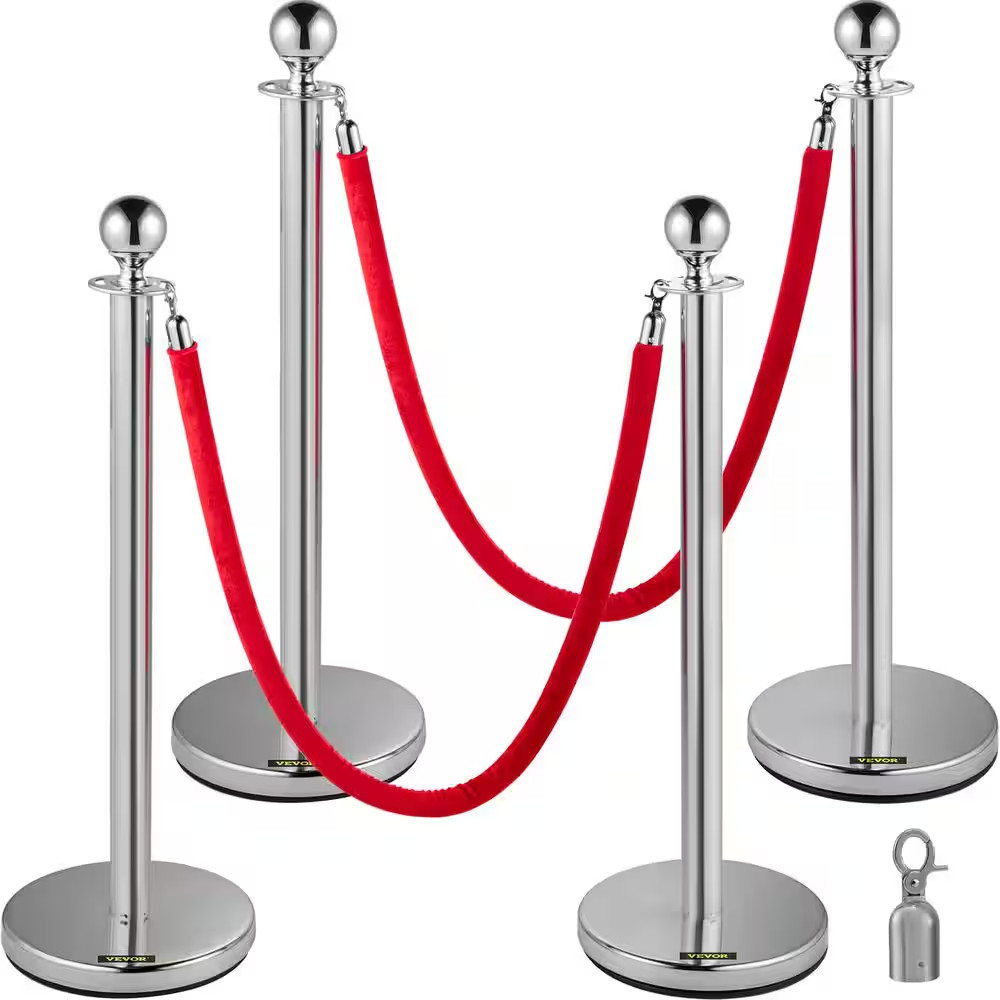 Crowd Control Stanchion 4.9 Ft. Red Velvet Ropes Barriers 4-Pieces Stainless Ste