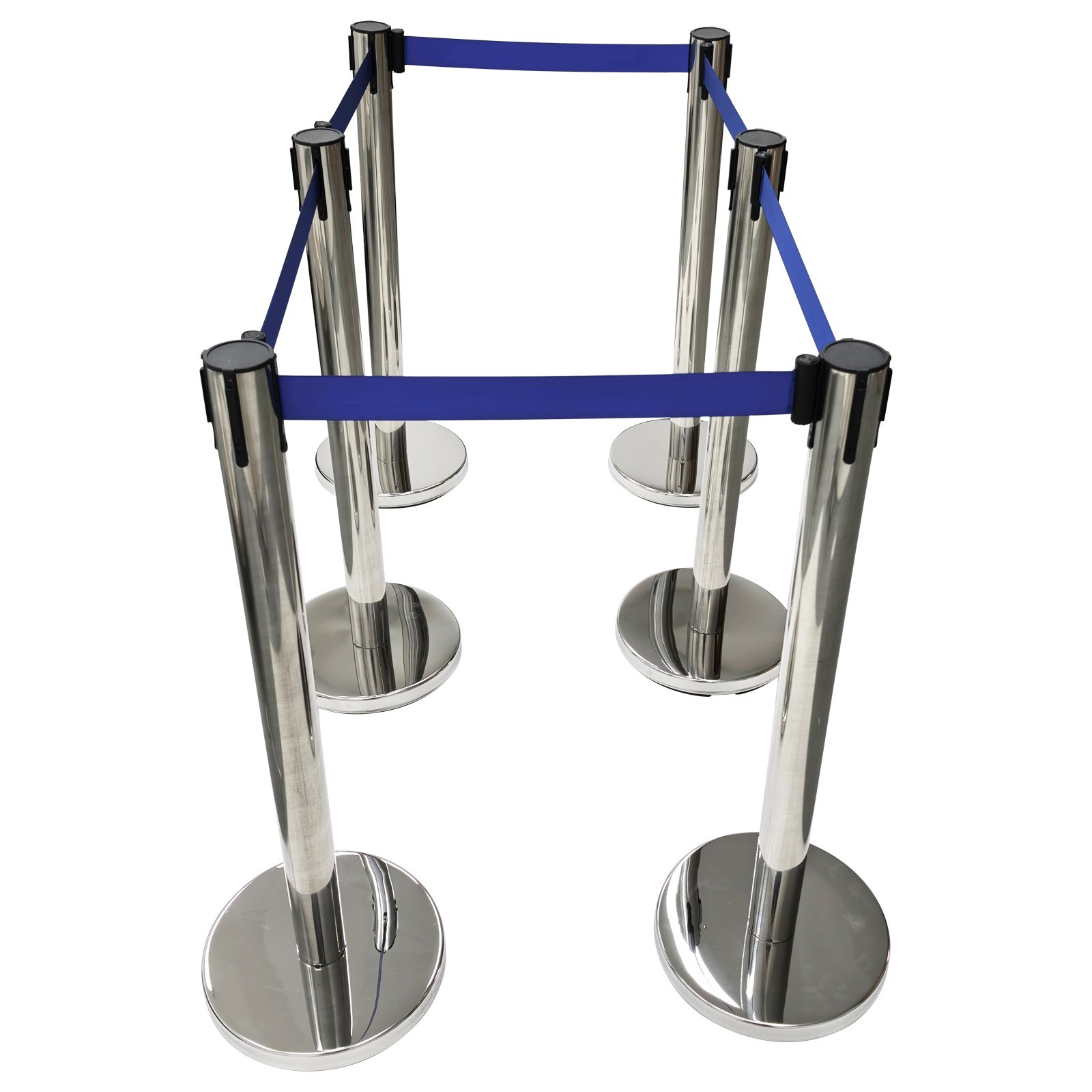 6 PCS Stainless Steel Stanchions with Blue Belts Posts Covers and Bases Blue Ret