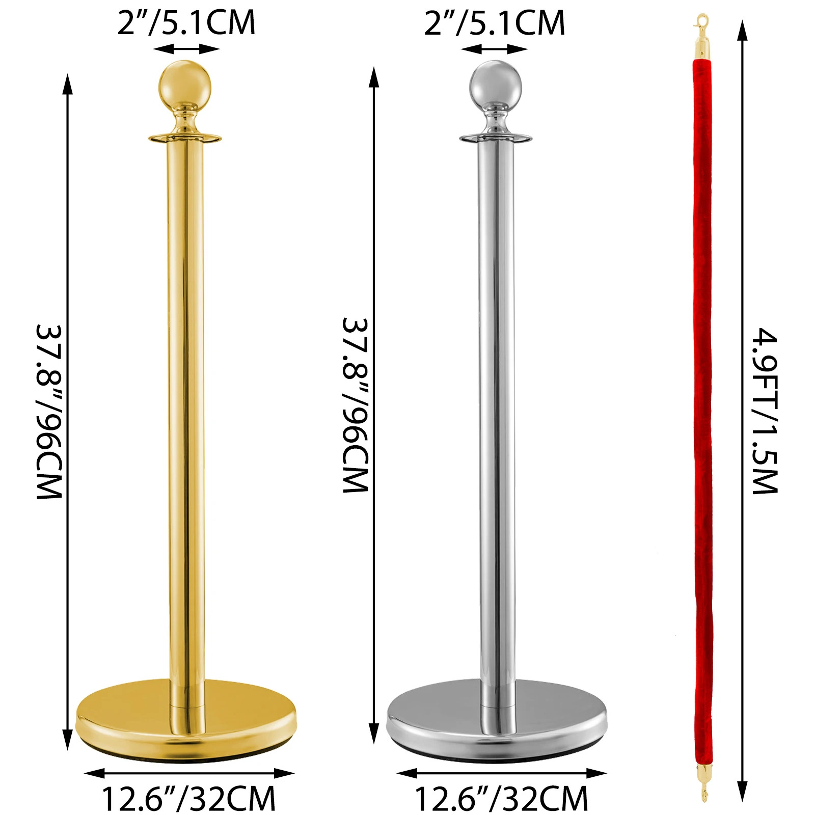 38Inch Gold Silver Stanchion Posts Queue Velvet Rope Crowd Control Line Barriers