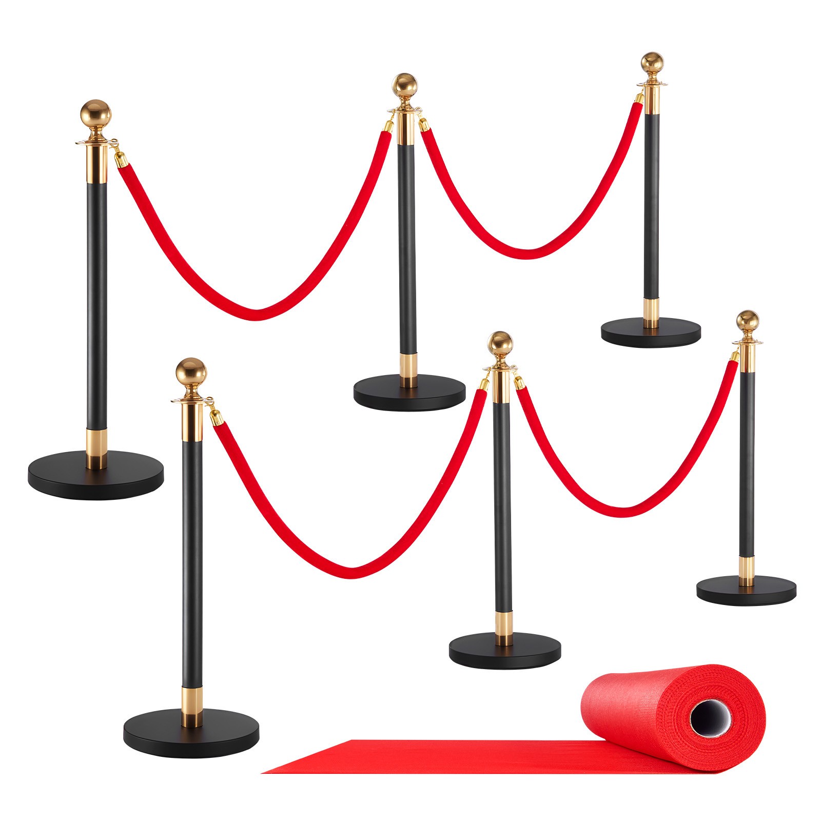 Uimoso 6-Piece Stanchion Set with Red Carpet & 4 Velvet Ropes,Hollow Base, Black
