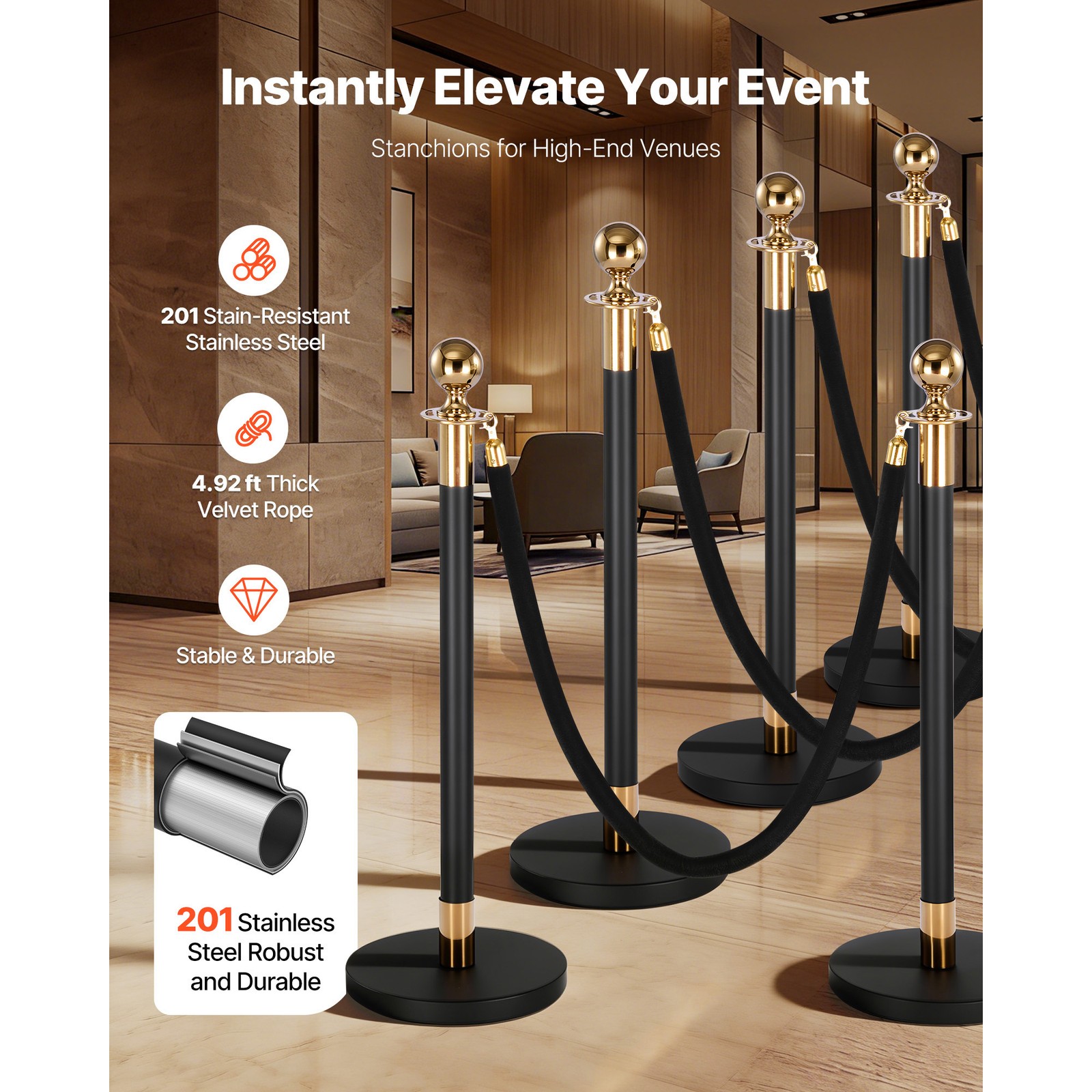 Uimoso 8-Piece Stanchion Post Crowd Control Set 6 Black Velvet Ropes Hollow Base