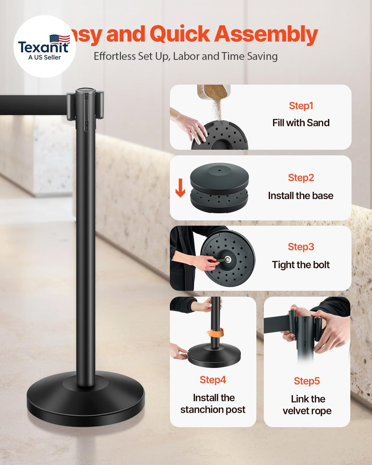Stanchion Post, 6 Pcs Stanchions with Retractable Belts, Carbon Steel Black Stan