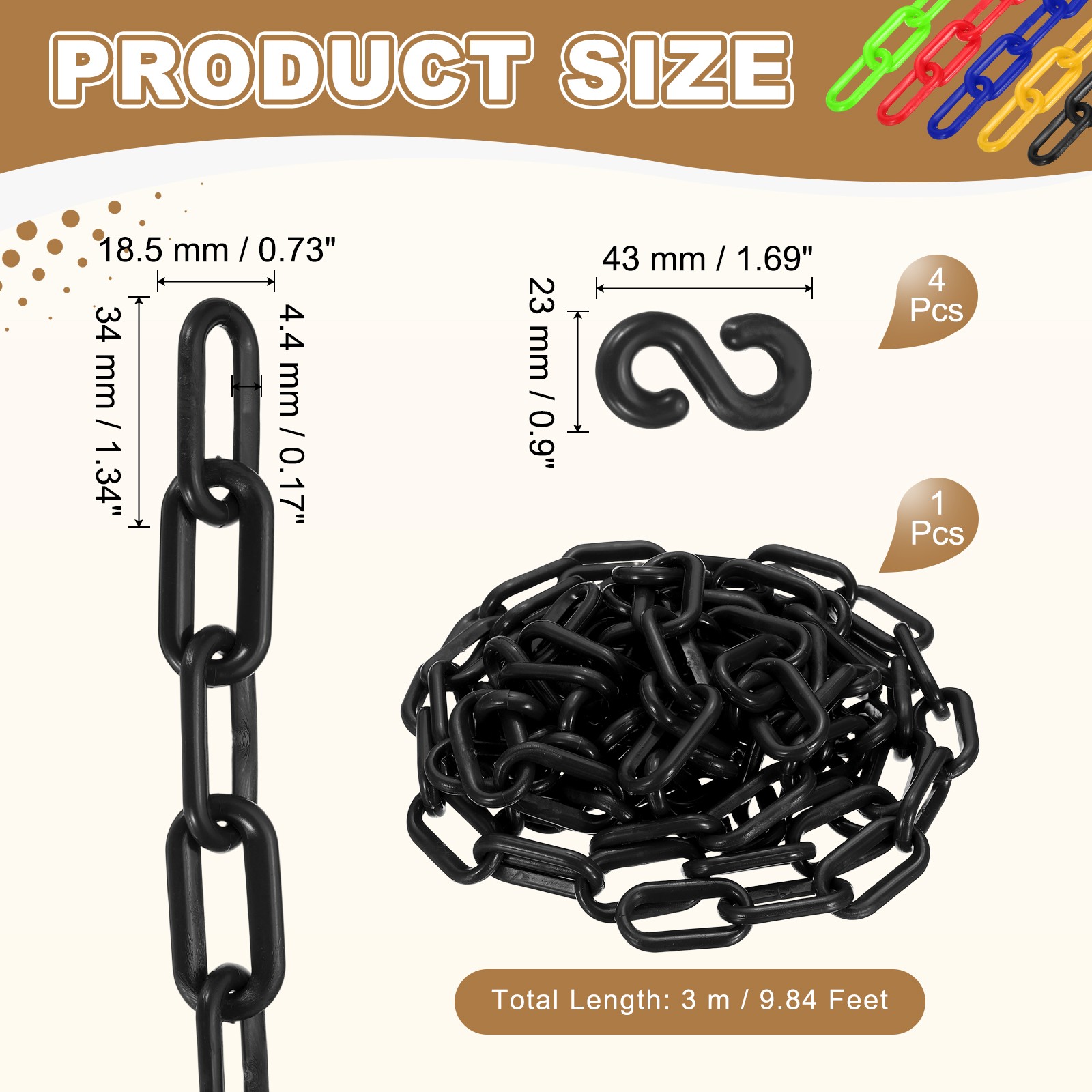 Barrier Chain, (9.8ft 0.7″ Dia., Black), Plastic Safety Chain Links W S Hooks